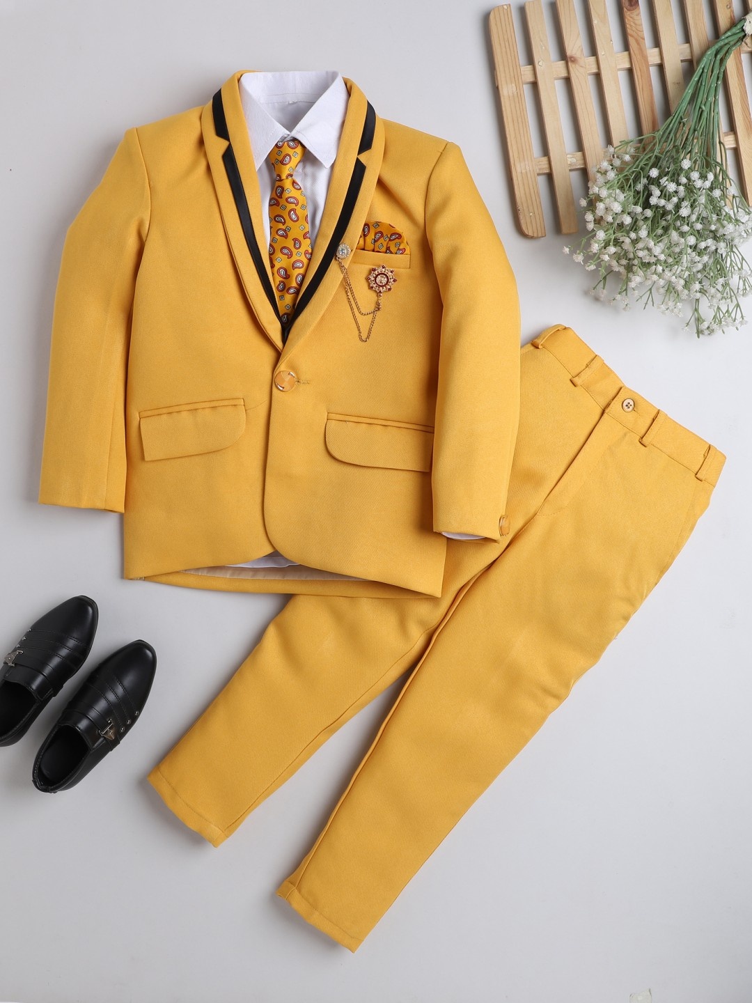 

DKGF FASHION Boys Mustard Yellow Regular-Fit 4-Piece Suit