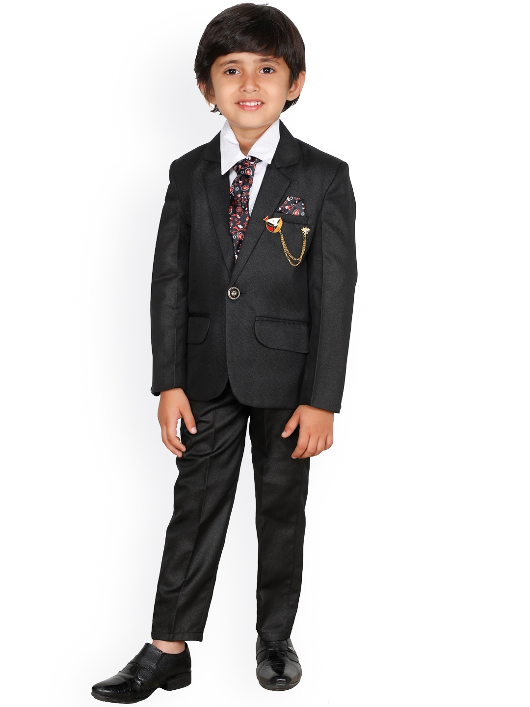 

DKGF FASHION Boys Black Solid 4-Piece Single-Breasted Partywear Suit