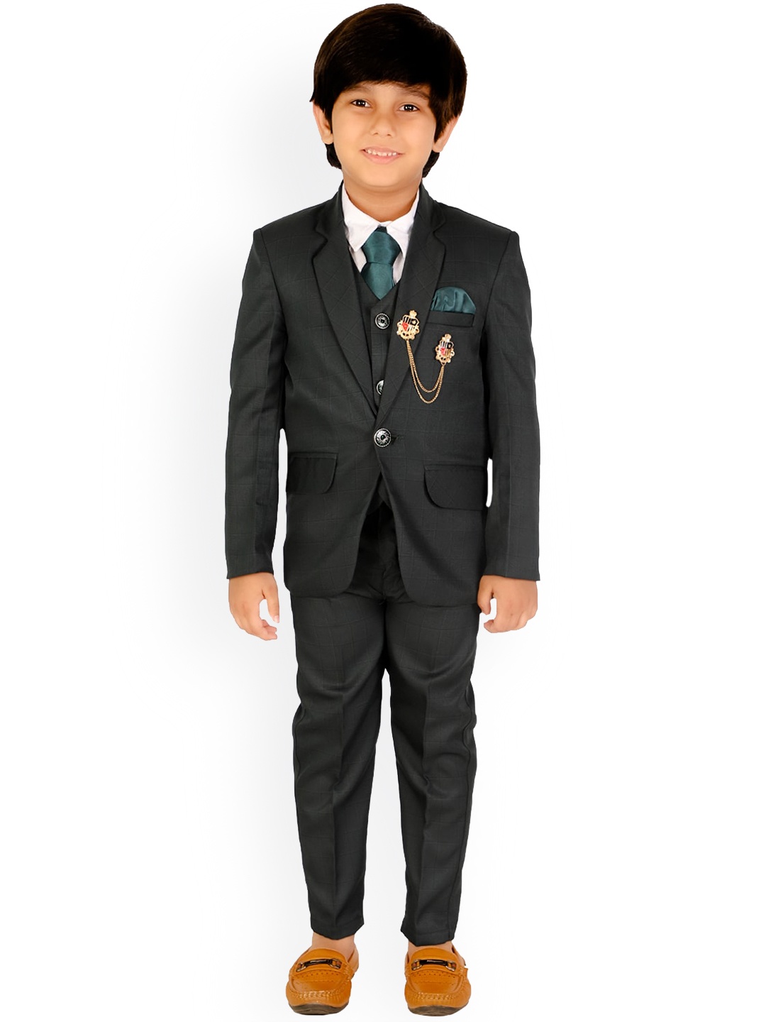 

DKGF FASHION Boys Green & White 5-Piece Checked Suit