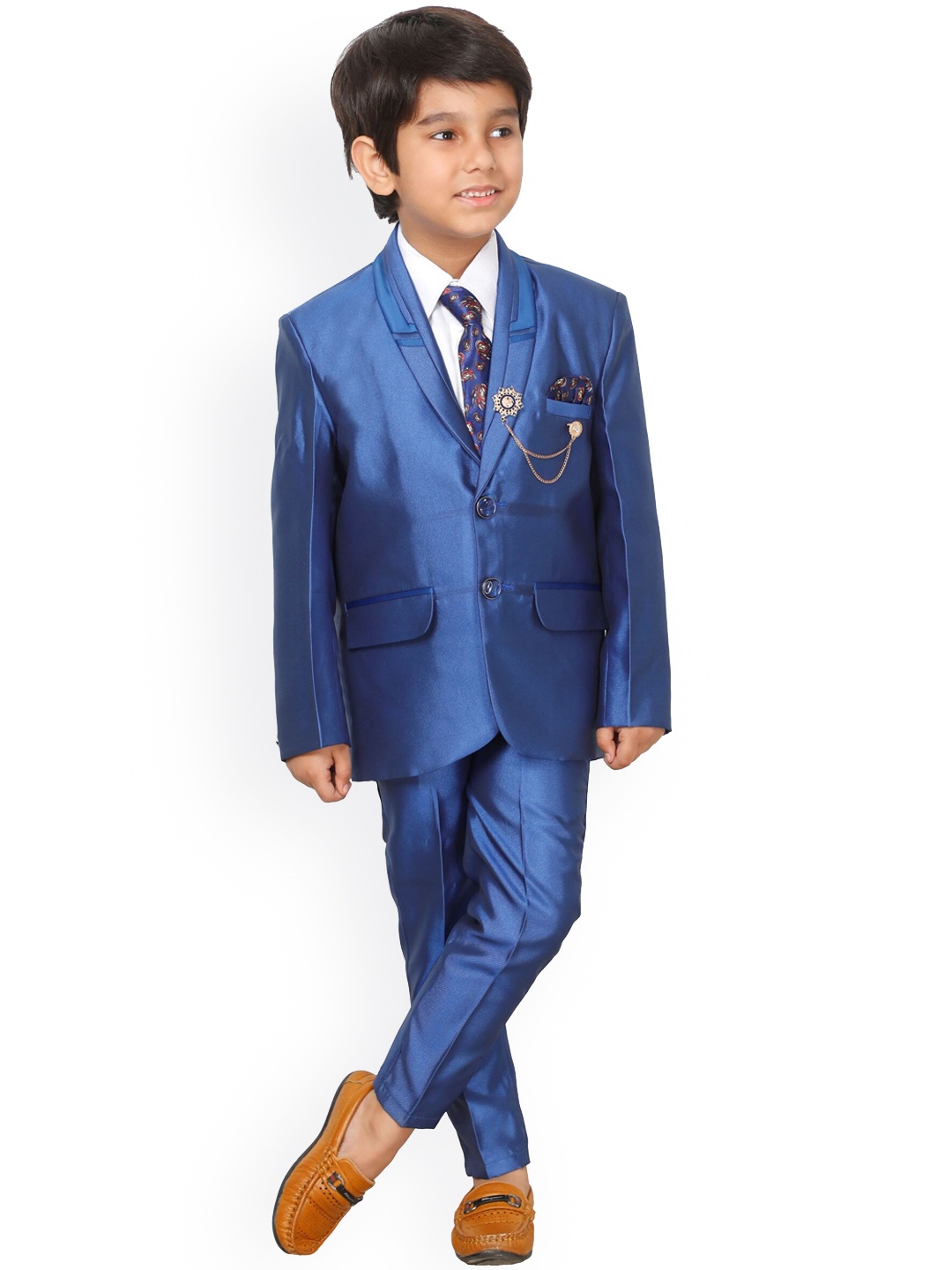 

DKGF FASHION Boys Blue Solid Single Breasted 4 Piece Suit