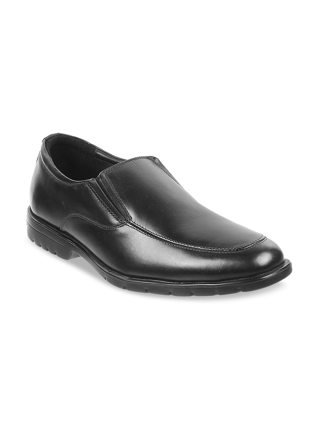 

Mochi Men Black Solid Leather Formal Slip-Ons