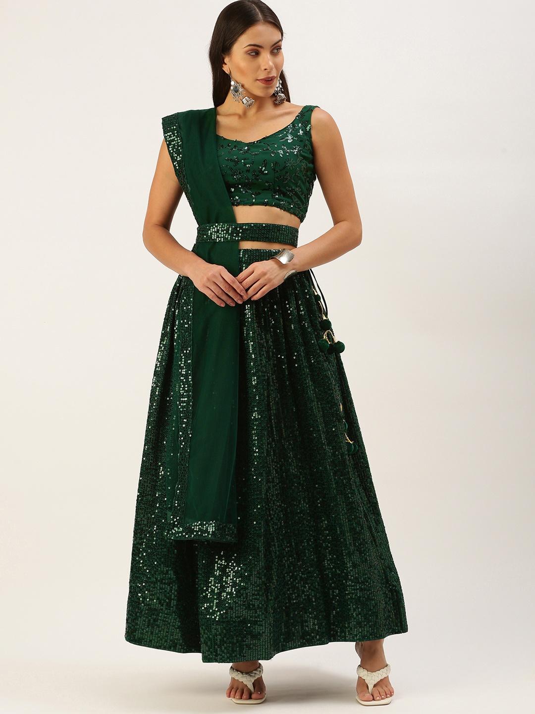 

LOOKNBOOK ART Green Embellished Sequinned Semi-Stitched Lehenga & Unstitched Blouse With Dupatta