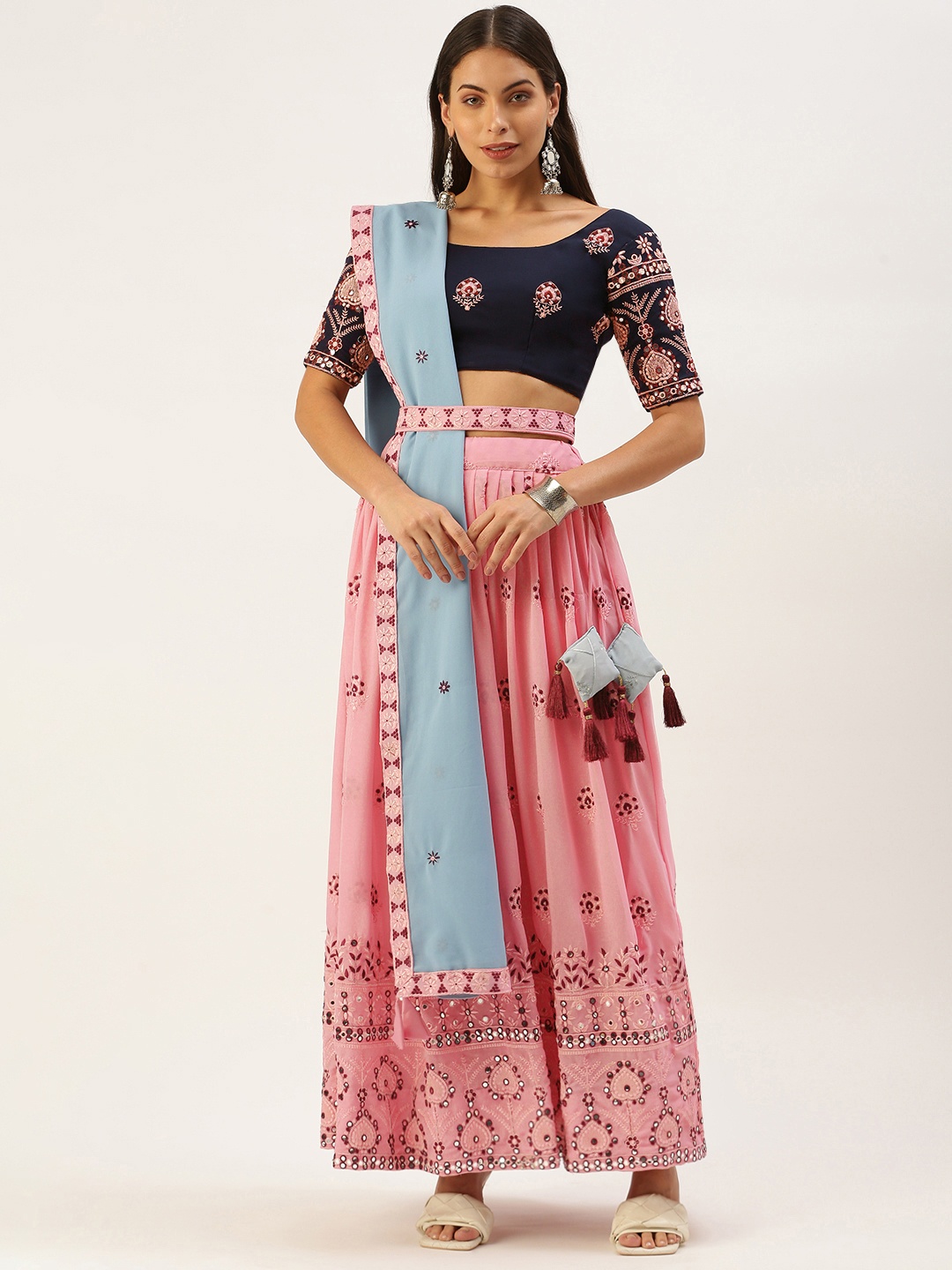 

LOOKNBOOK ART Pink & Blue Embroidered Thread Work Semi-Stitched Lehenga & Unstitched Blouse With Dupatta