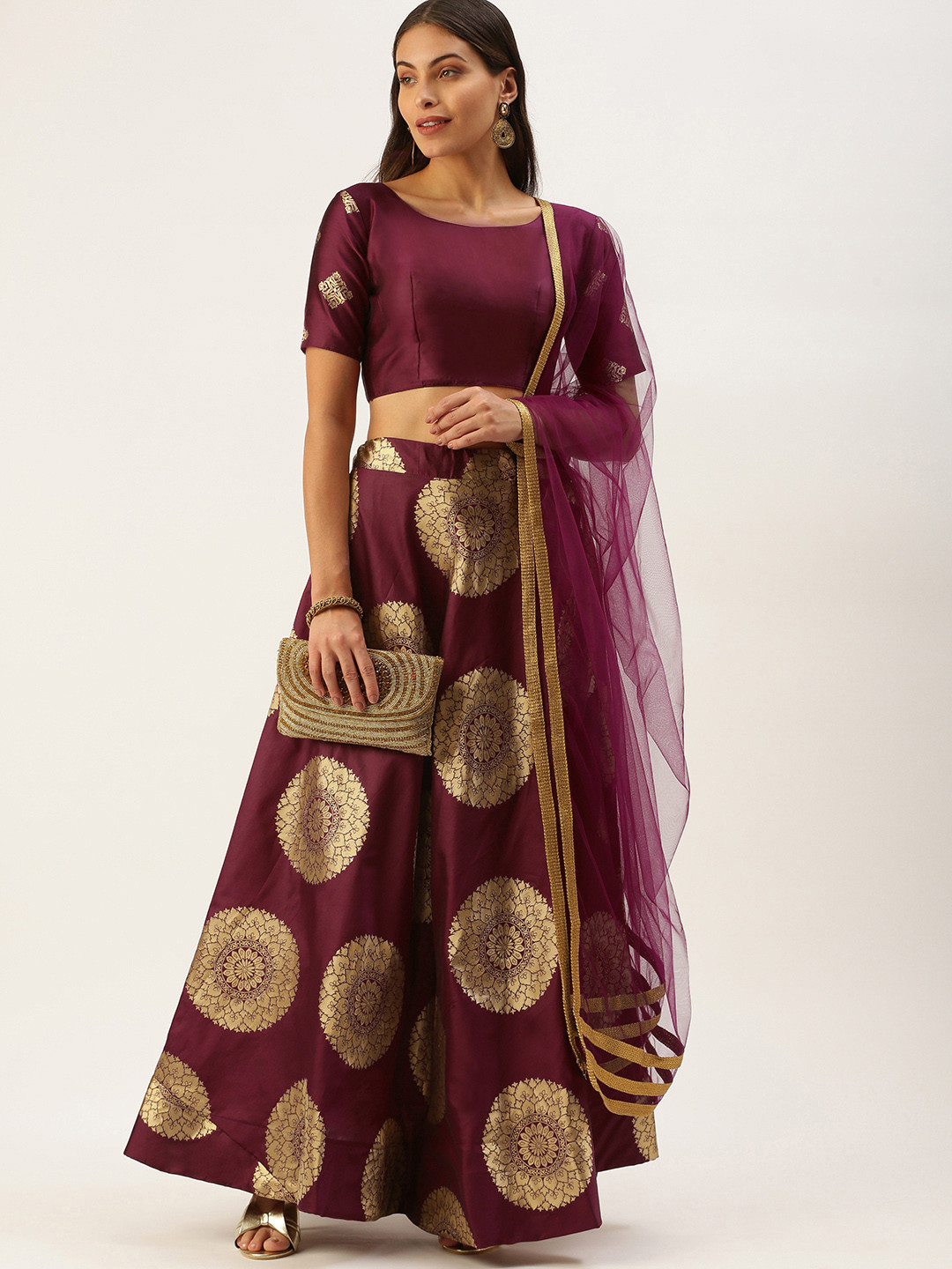 

LOOKNBOOK ART Purple & Gold-Toned Semi-Stitched Lehenga & Unstitched Blouse With Dupatta