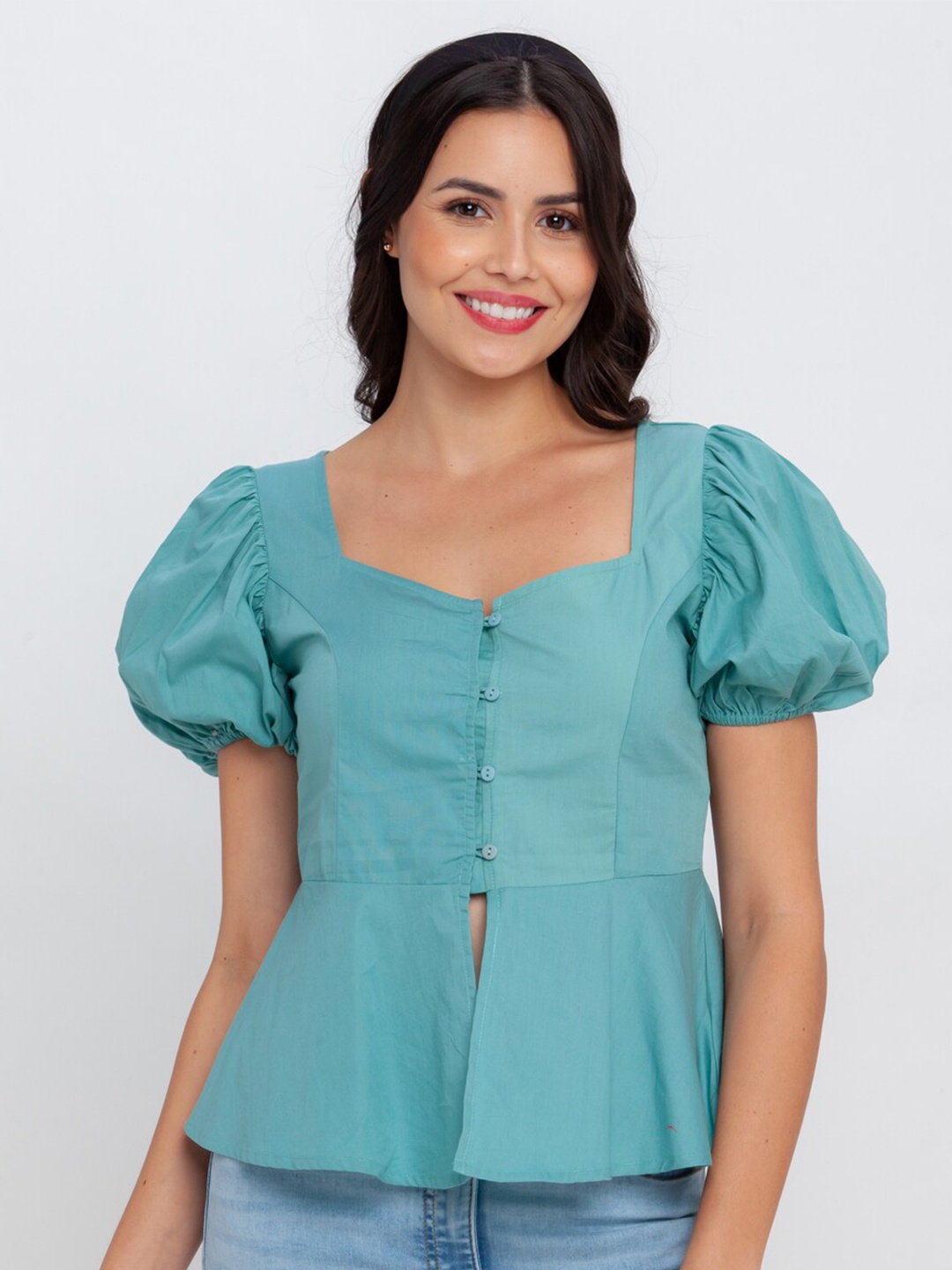 

Zink London Green Solid Blouson Pure Cotton Top