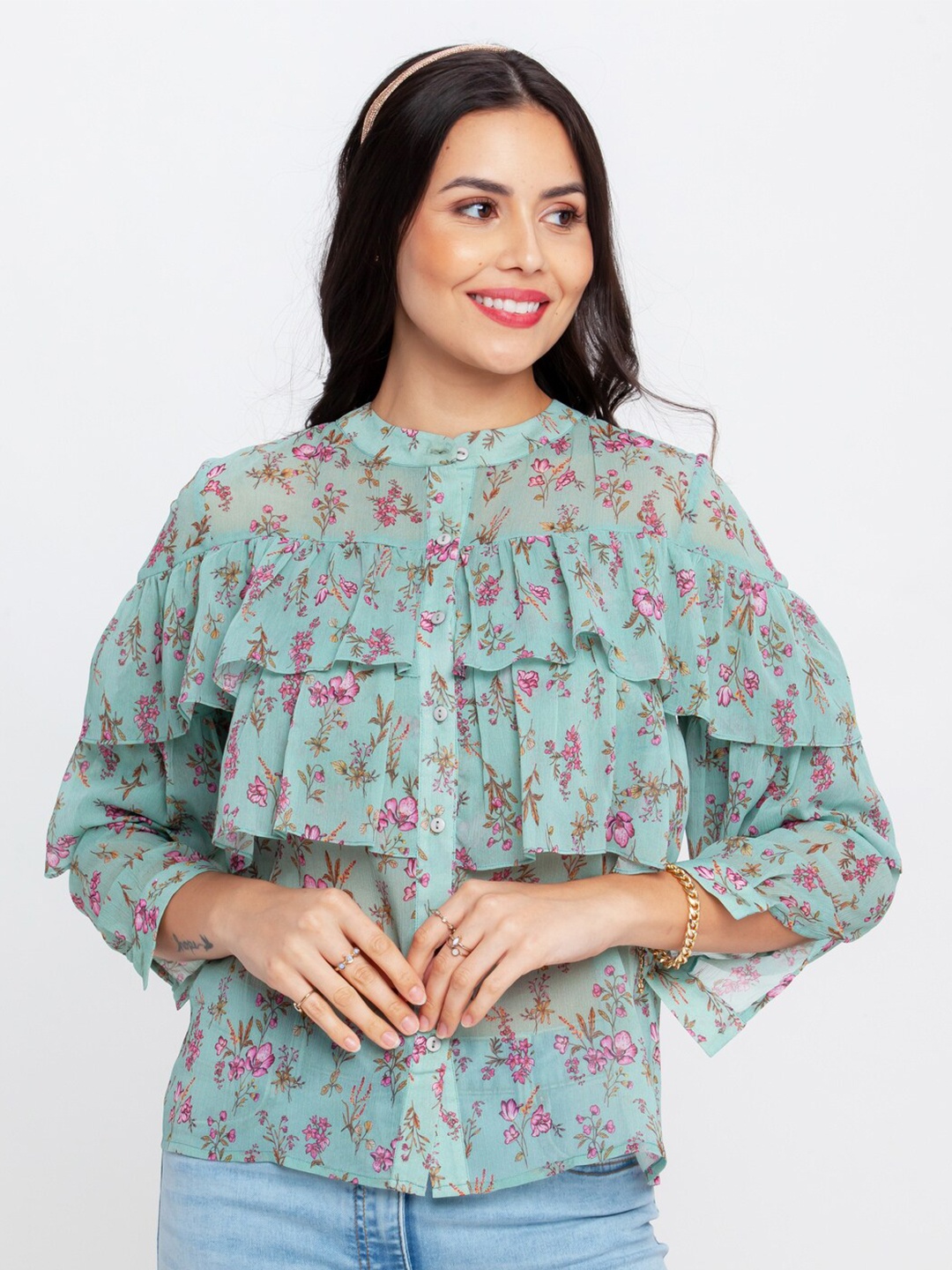 

Zink London Green Floral Print Shirt Style Top