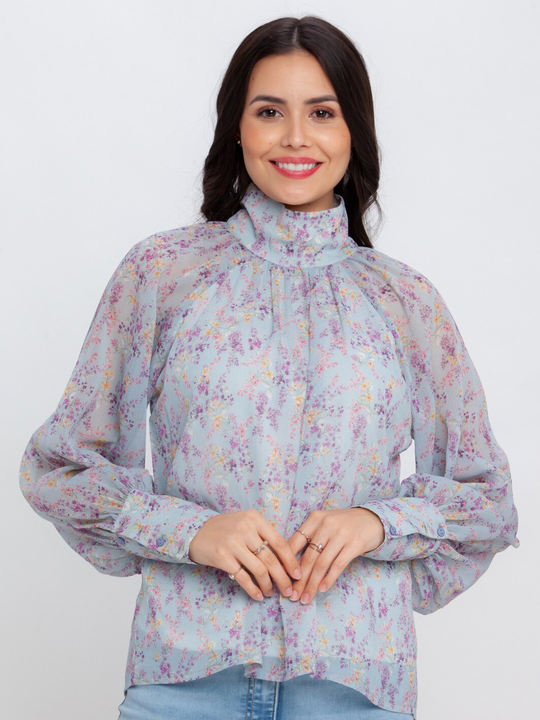 

Zink London Blue & pastel gray Floral Print Top