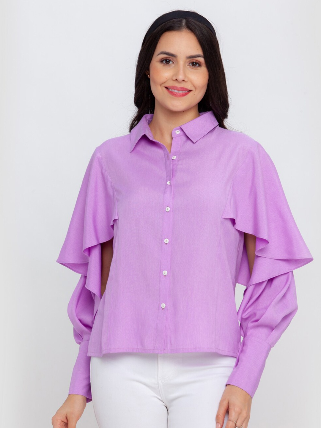 

Zink London Lavender Ruffles Shirt Style Top