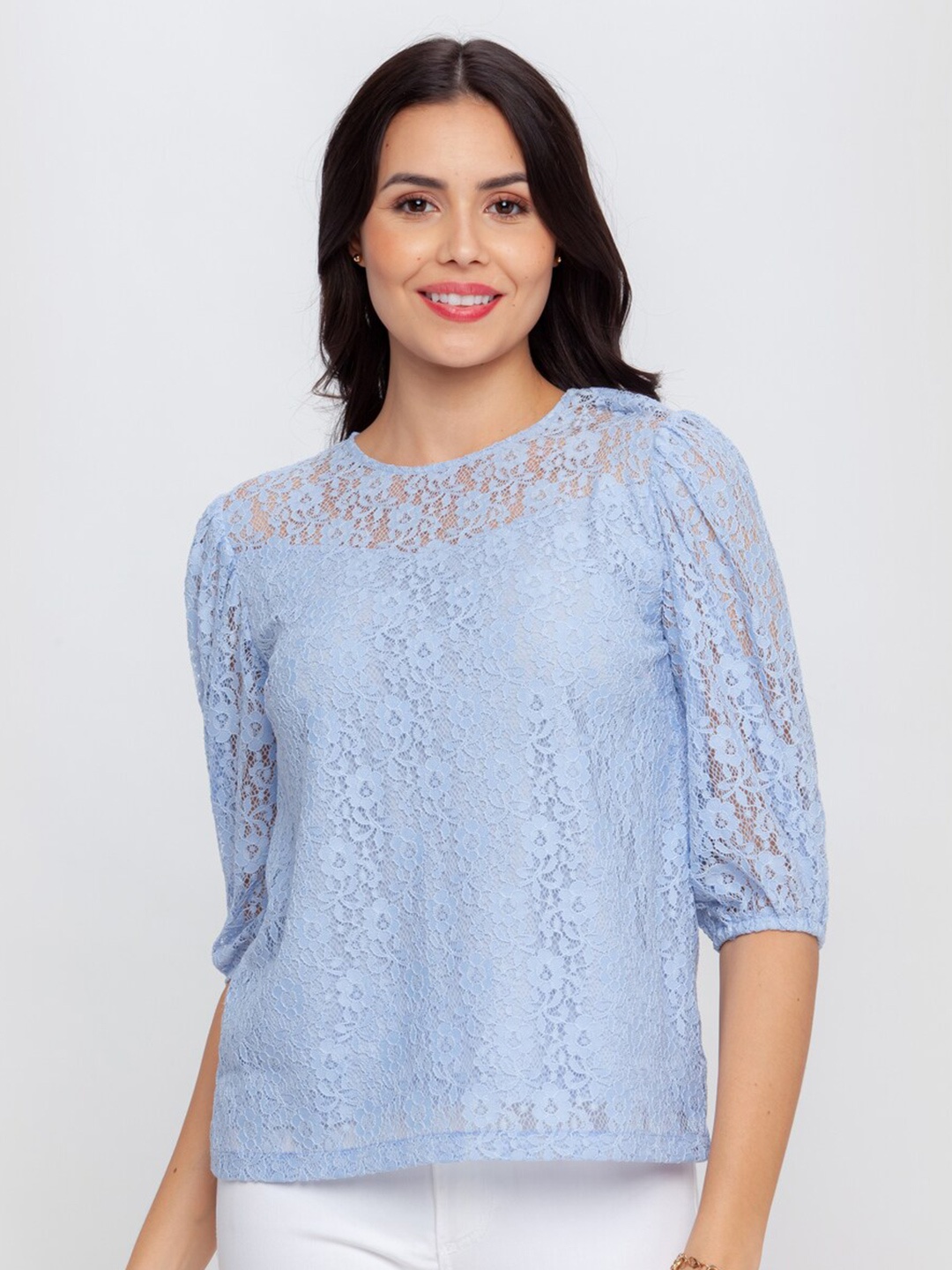

Zink London Women Blue Self Design Round Neck Regular Top