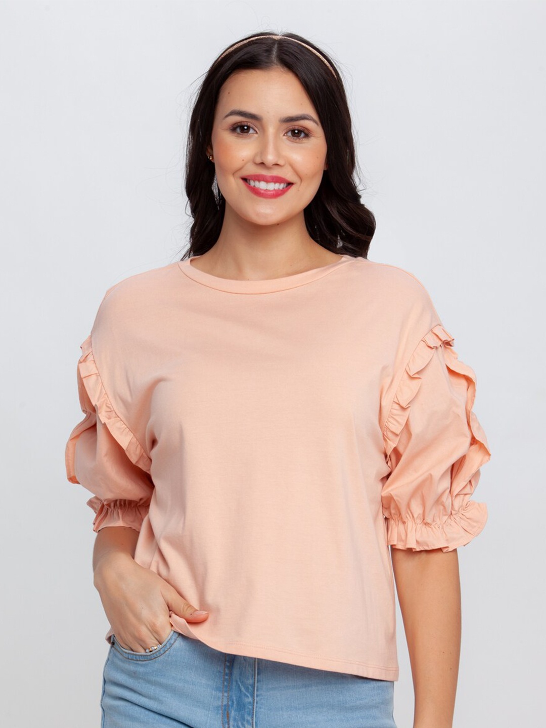 

Zink London Peach-Coloured Solid Cotton Ruffles Top