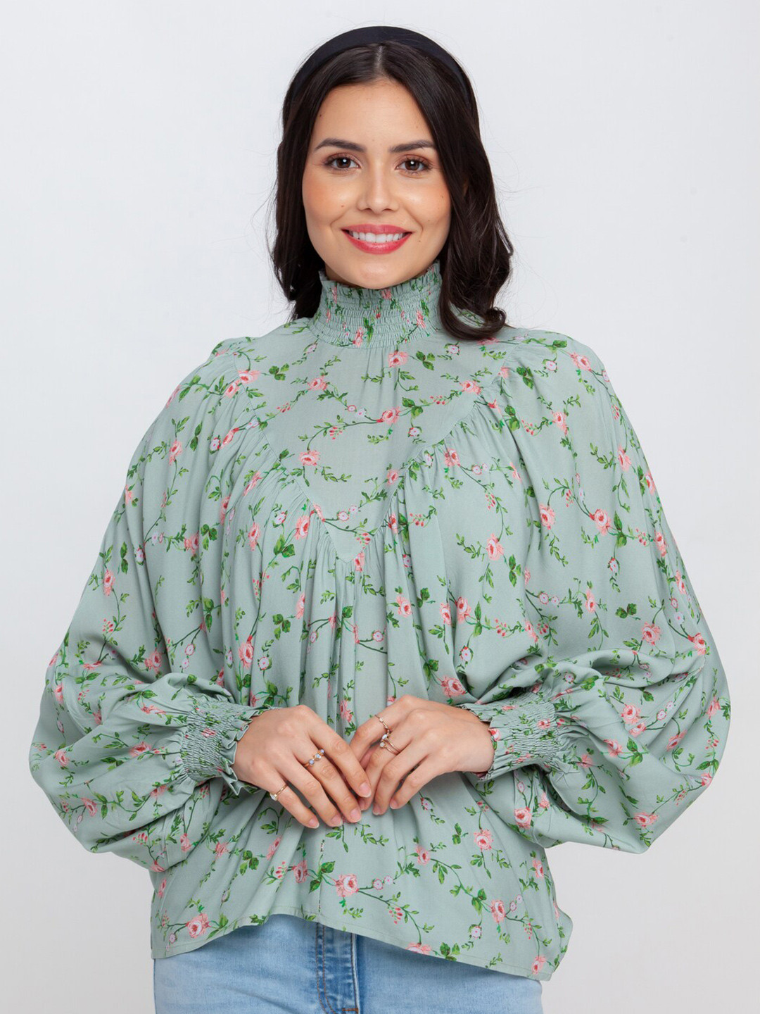 

Zink London Green Floral Print Top