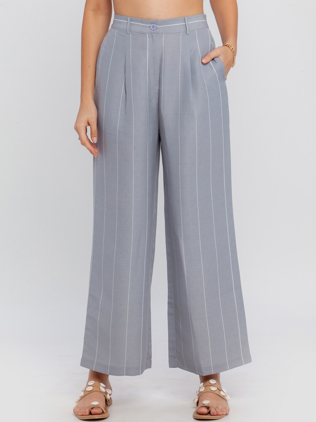 

Zink London Women Grey Striped High-Rise Trousers