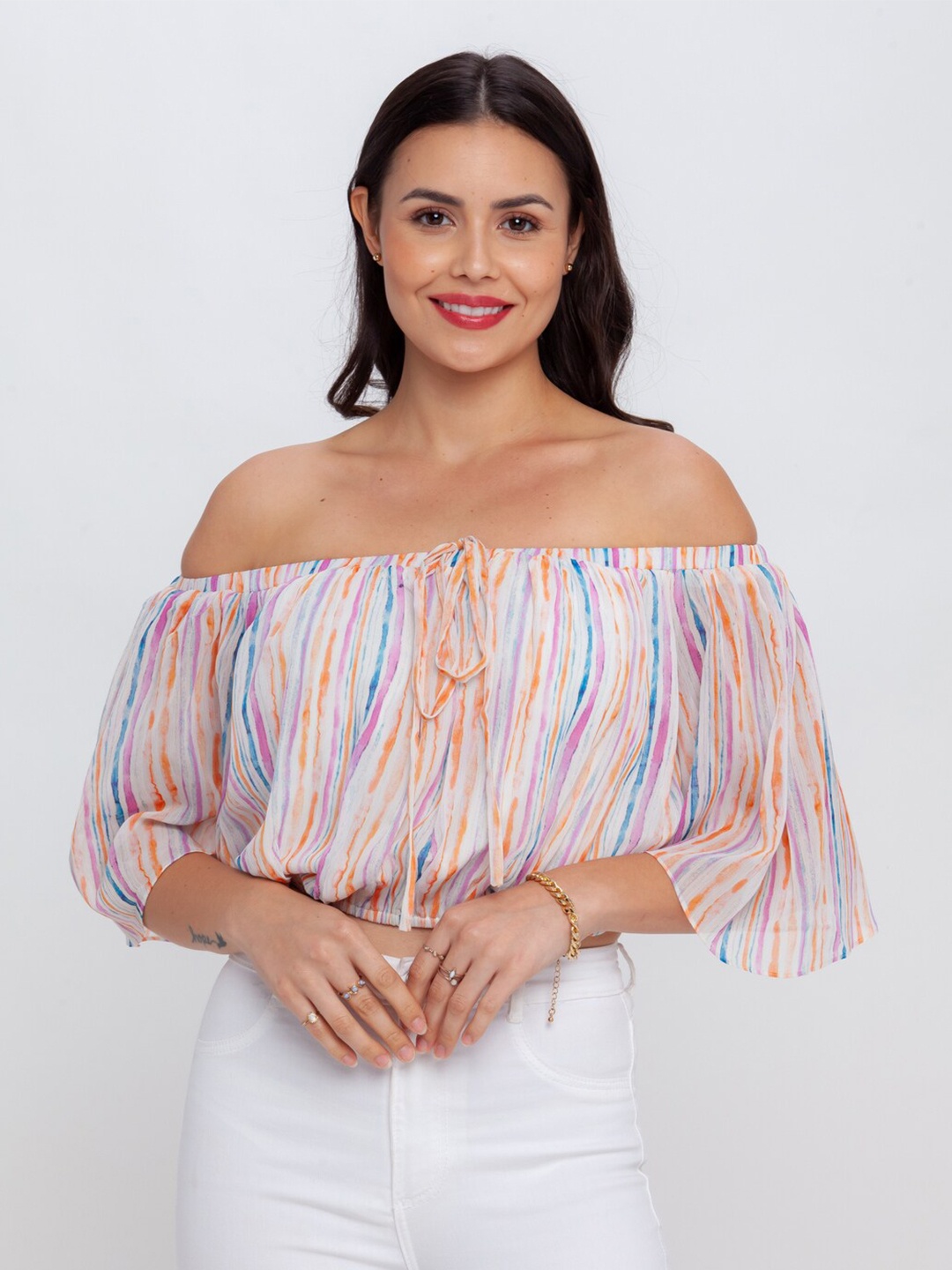 

Zink London White Striped Off-Shoulder Bardot Top