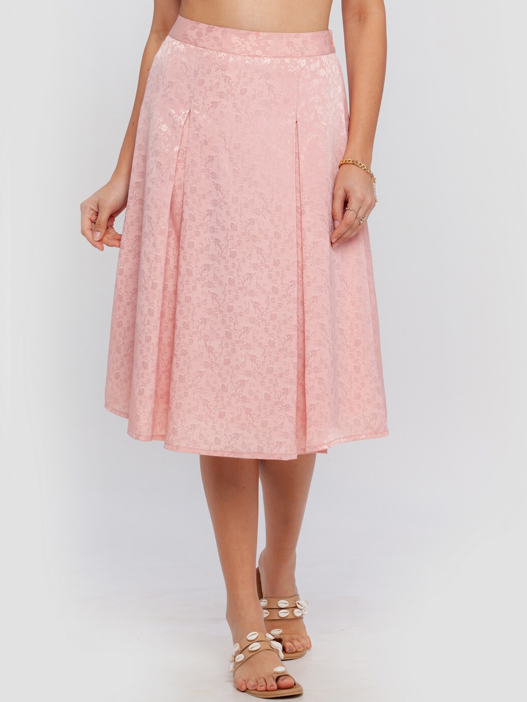 

Zink London Women Pink Printed Flared Midi Skirt