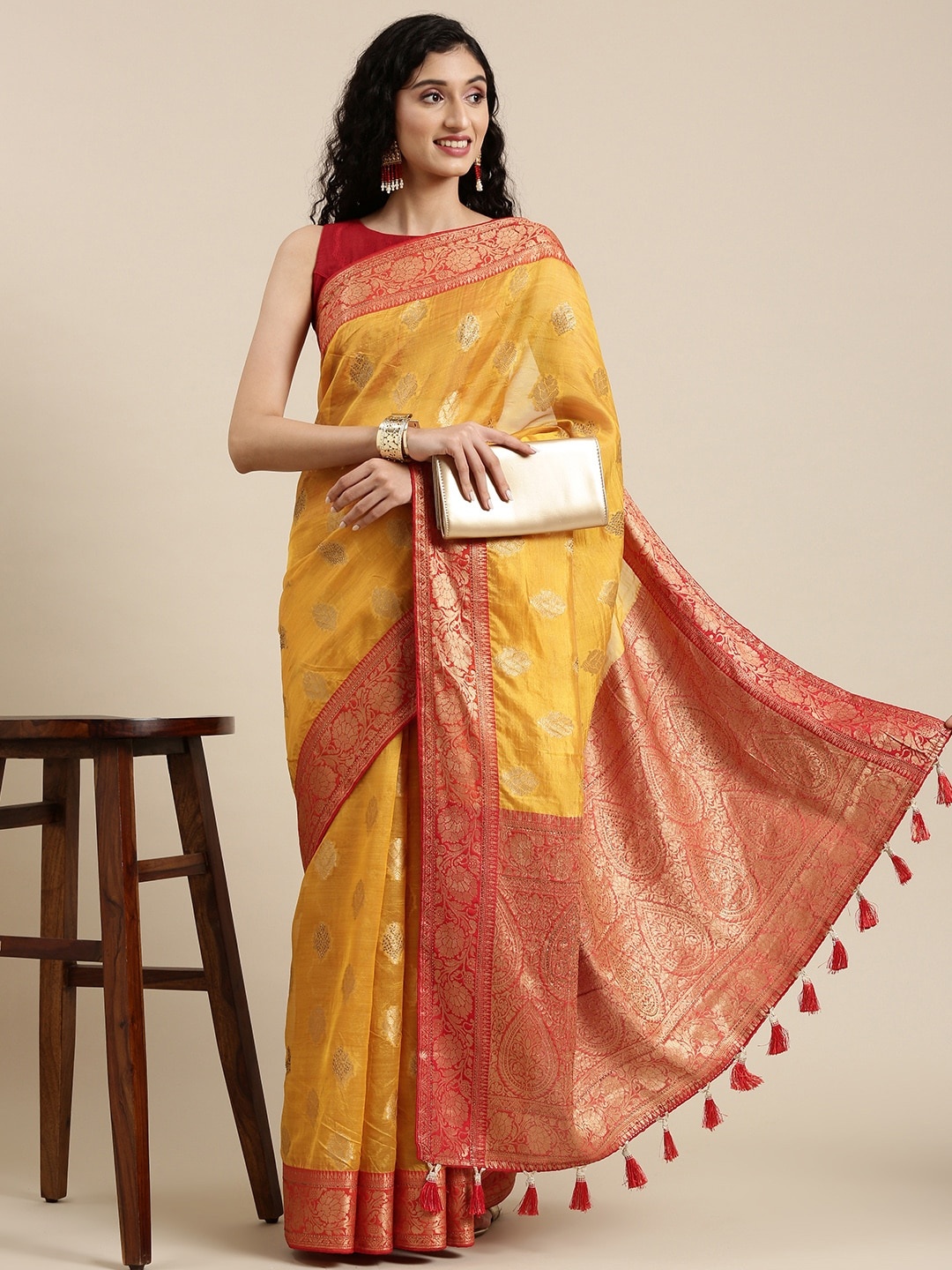 

Mitera Yellow & Red Floral Beads and Stones Organza Banarasi Saree