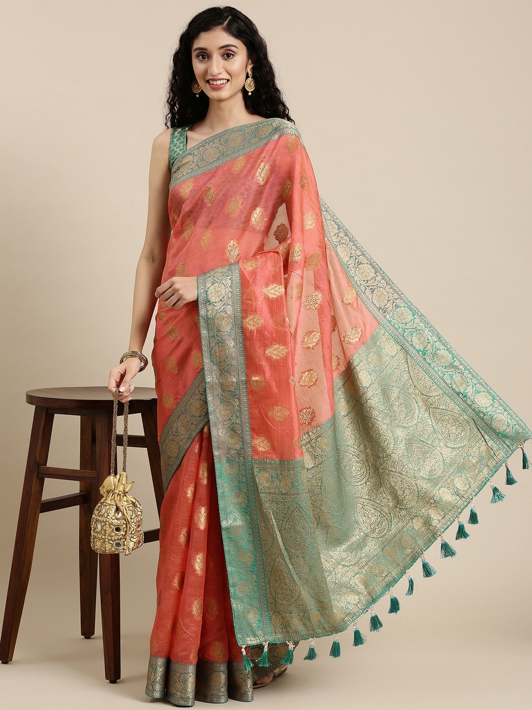 

Mitera Peach-Coloured & Blue Ethnic Motifs Beads and Stones Organza Banarasi Saree