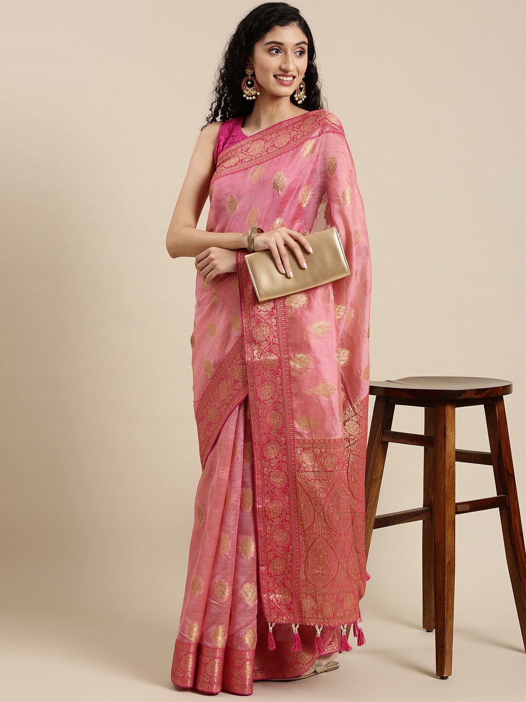 

Mitera Pink & Gold-Toned Floral Beads and Stones Organza Banarasi Saree