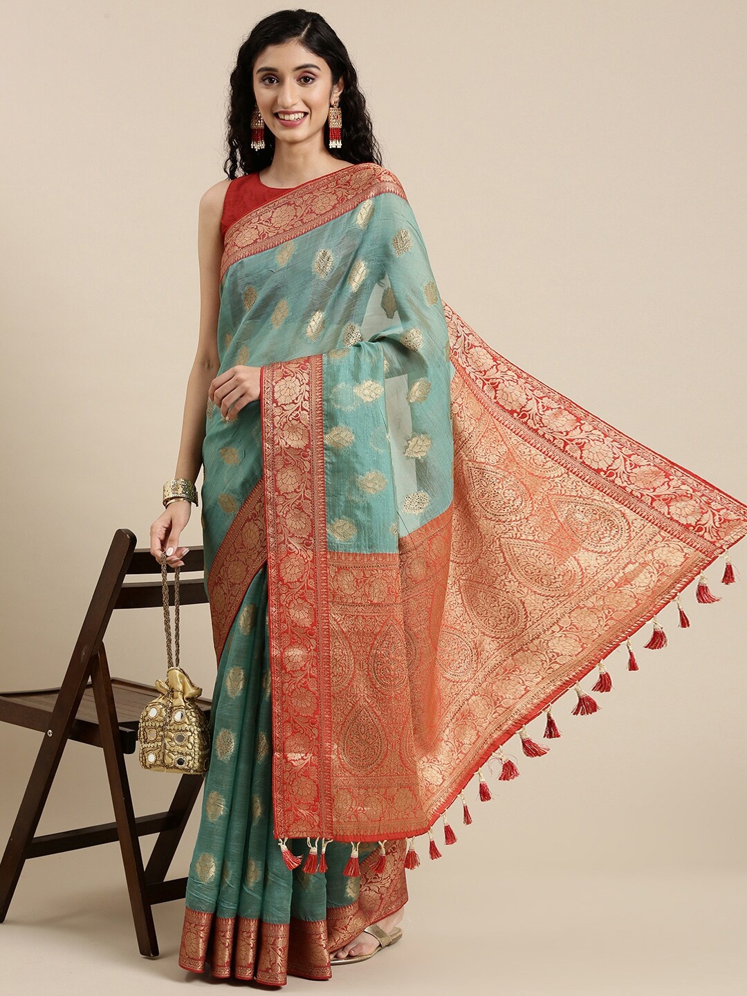 

Mitera Sea Green & Red Ethnic Motifs Beads and Stones Organza Banarasi Saree