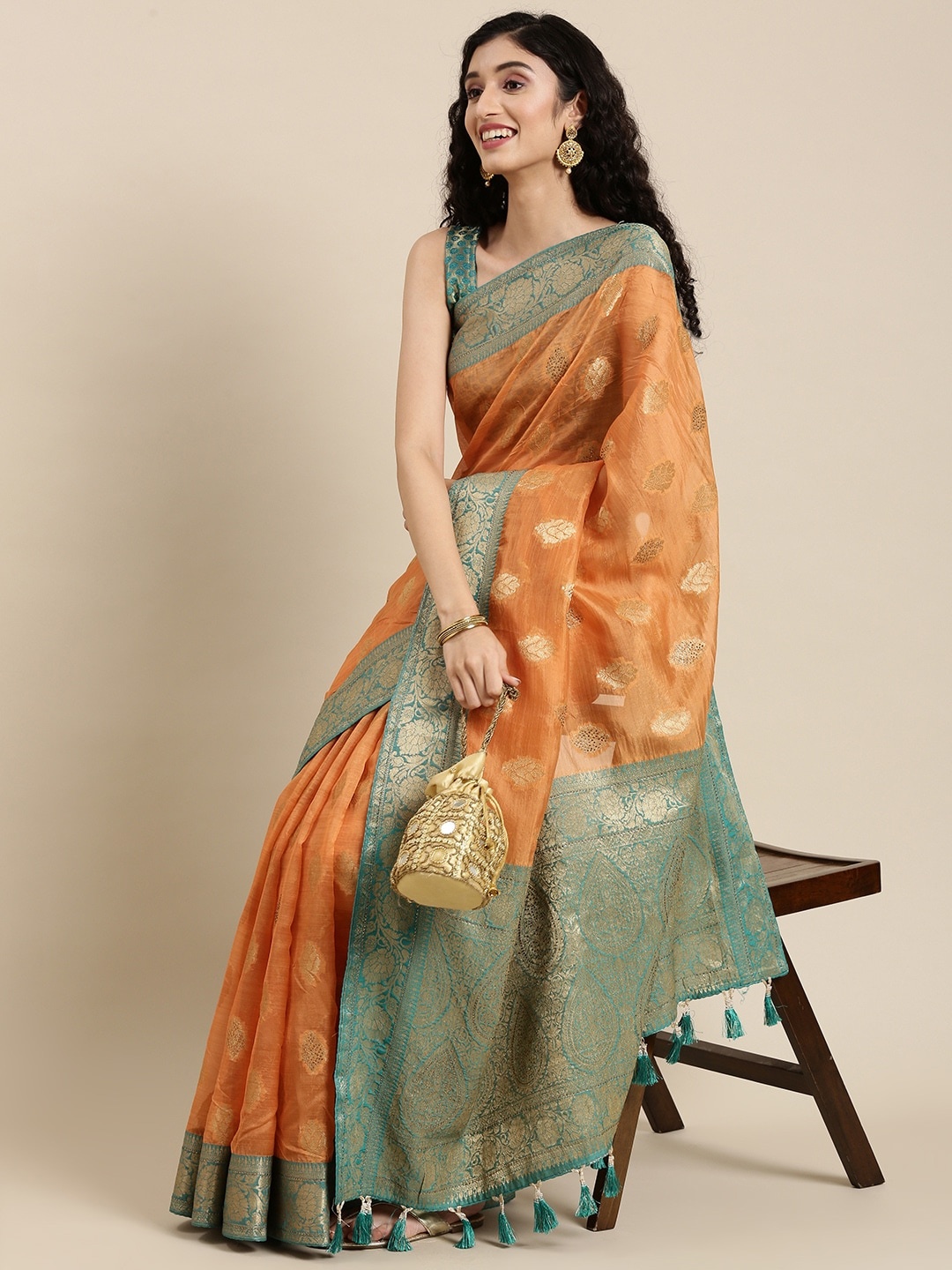

Mitera Orange & Turquoise Blue Floral Beads and Stones Organza Banarasi Saree