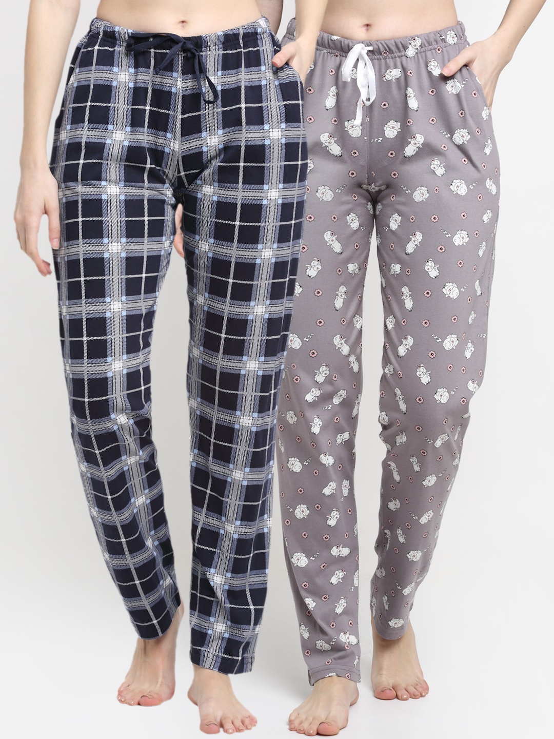 

Kanvin Women Pack Of 2 Grey & Navy Blue Printed Pure Cotton Lounge Pants