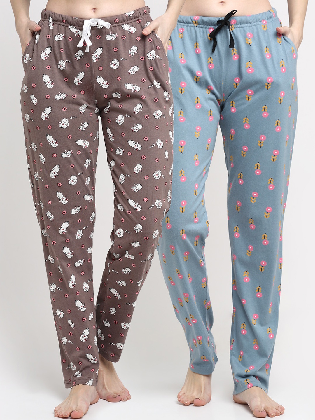 

Kanvin Women Pack Of 2 Printed Pure Cotton Lounge Pants, Brown
