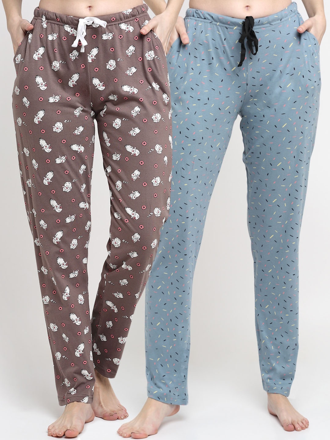 

Kanvin Women Pack Of 2 Printed Pure Cotton Lounge Pants, Brown