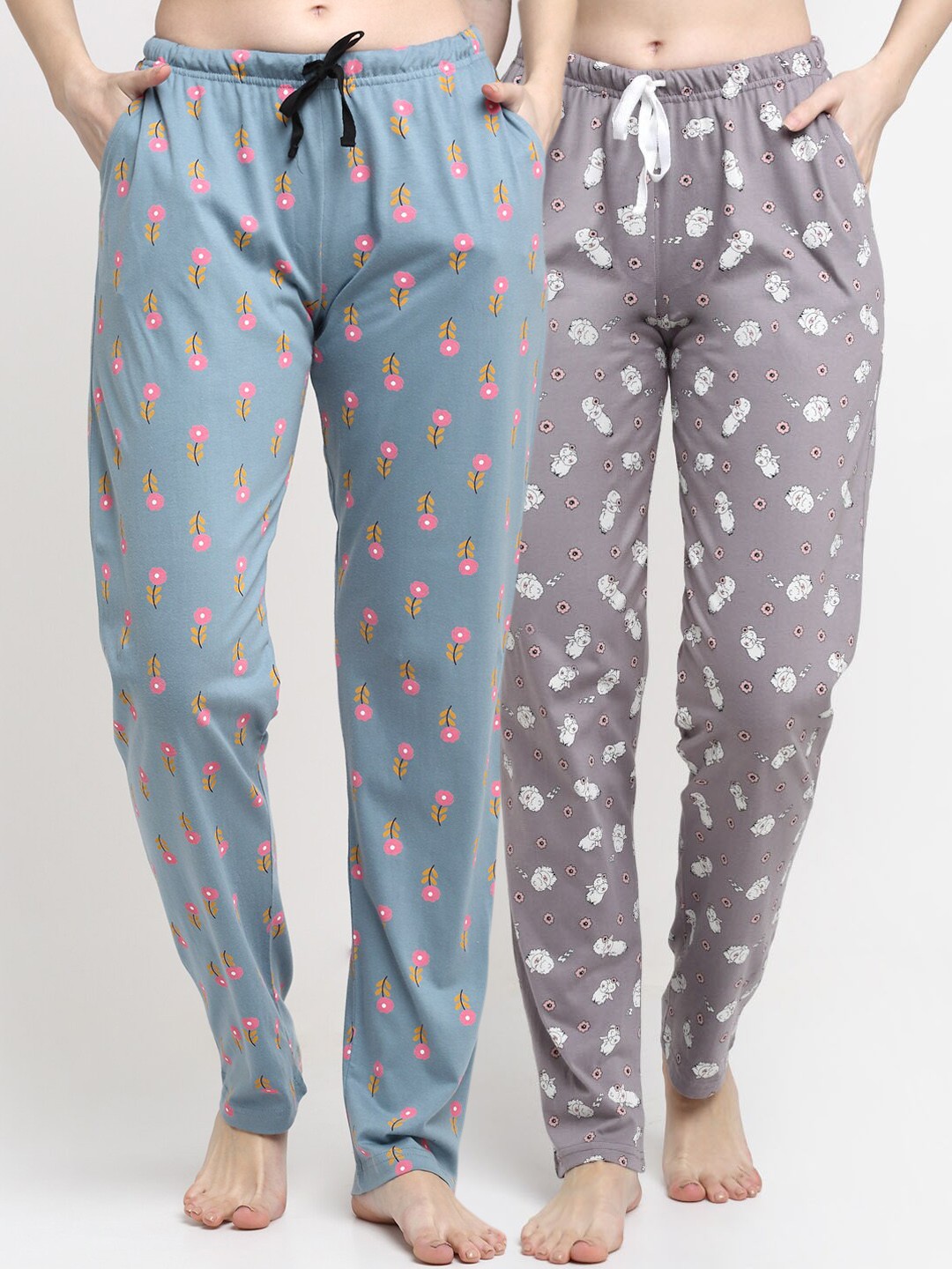 

Kanvin Women Pack Of 2 Printed Pure Cotton Lounge Pants, Grey