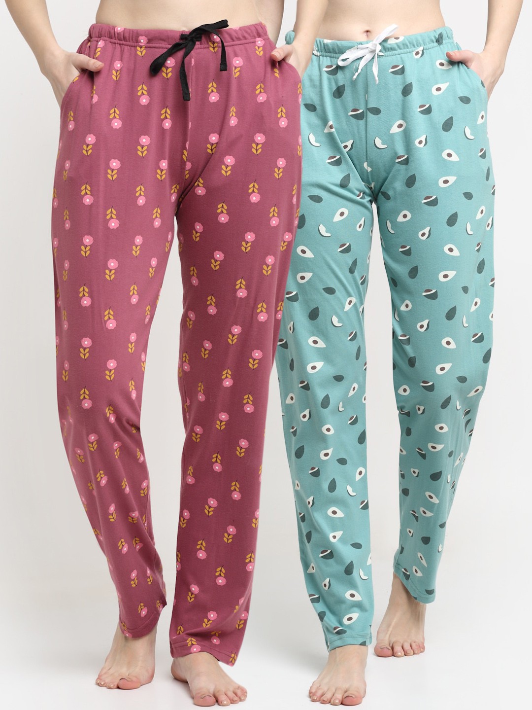 

Kanvin Women Pack Of 2 Printed Pure Cotton Lounge Pants, Green