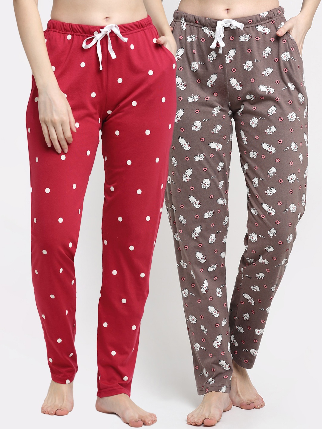 

Kanvin Women Pack Of 2 Printed Pure Cotton Lounge Pants, Brown