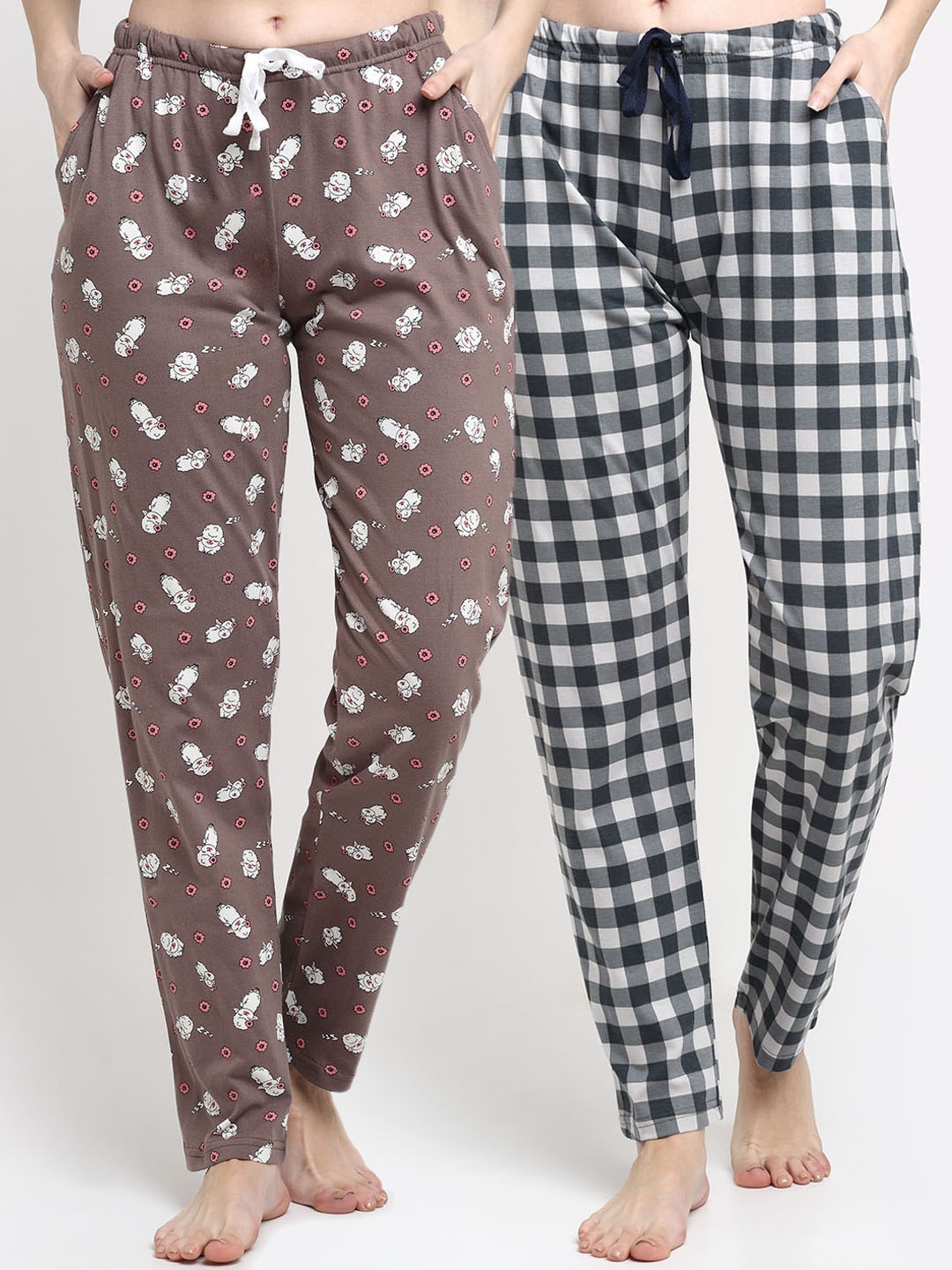 

Kanvin Women Pack Of 2 Printed Pure Cotton Lounge Pants, Brown