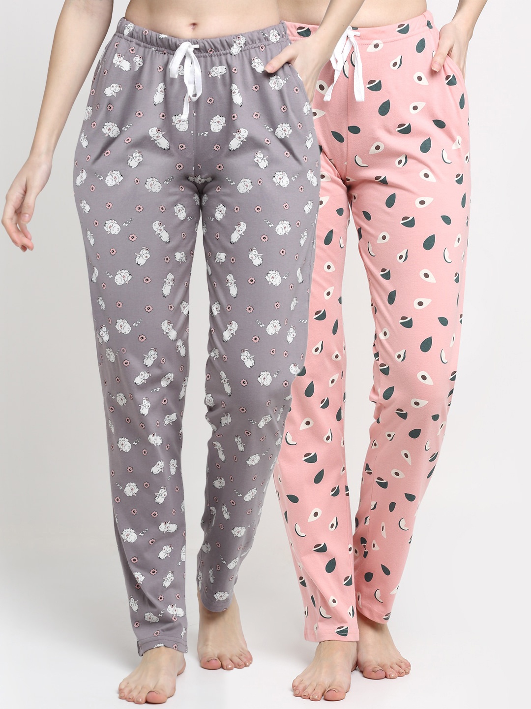 

Kanvin Women Pack of 2 Pink & Grey Printed Cotton Lounge Pants