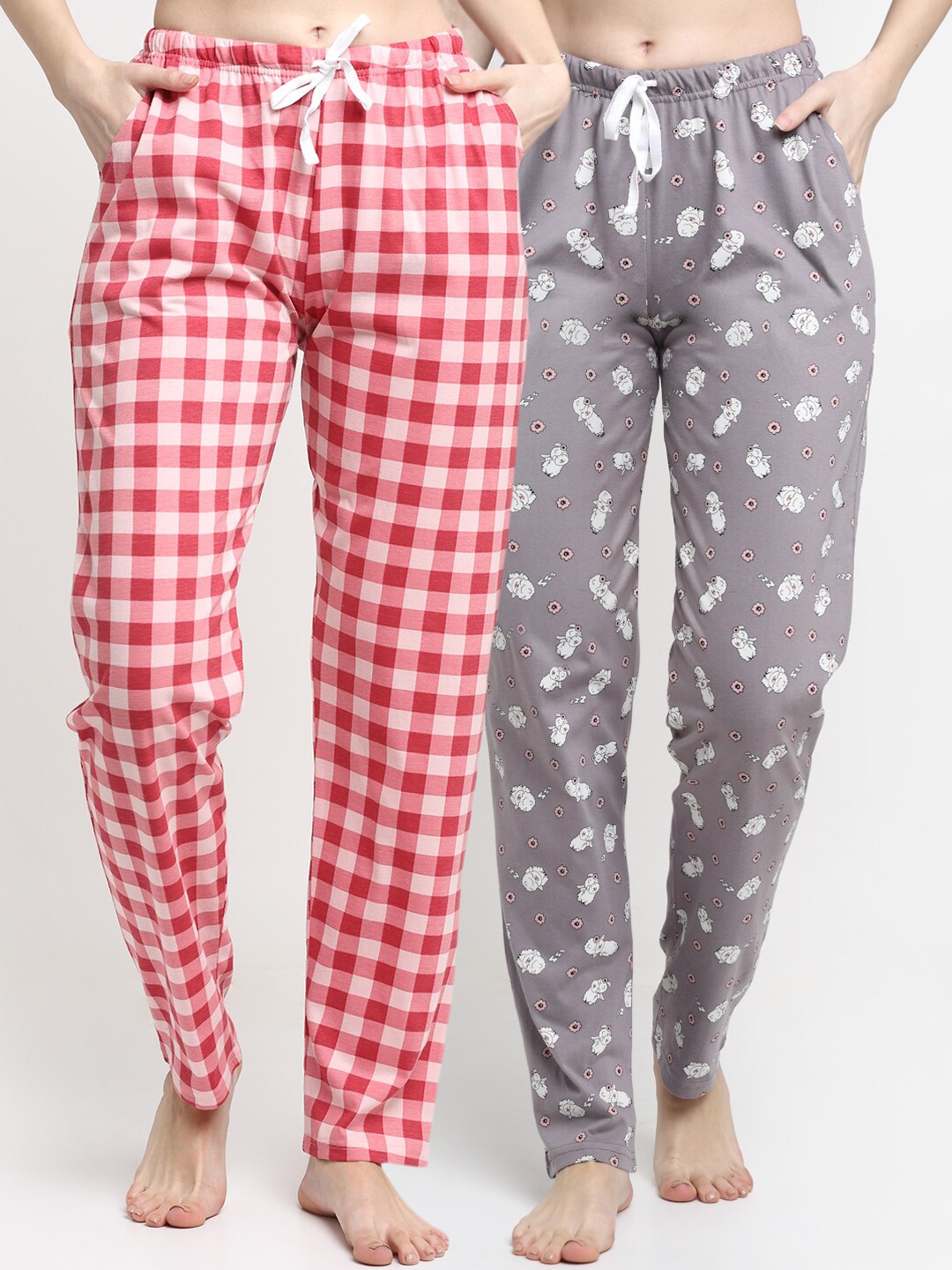 

Kanvin Women Pack of 2 Grey & Pink Printed Lounge Pants