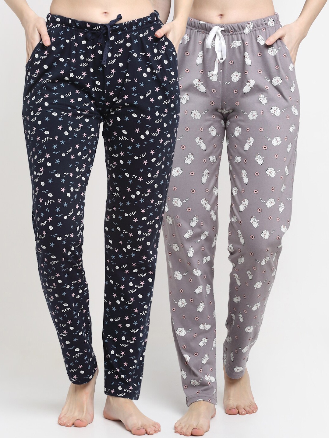 

Kanvin Women Pack Of 2 Printed Pure Cotton Lounge Pants, Grey