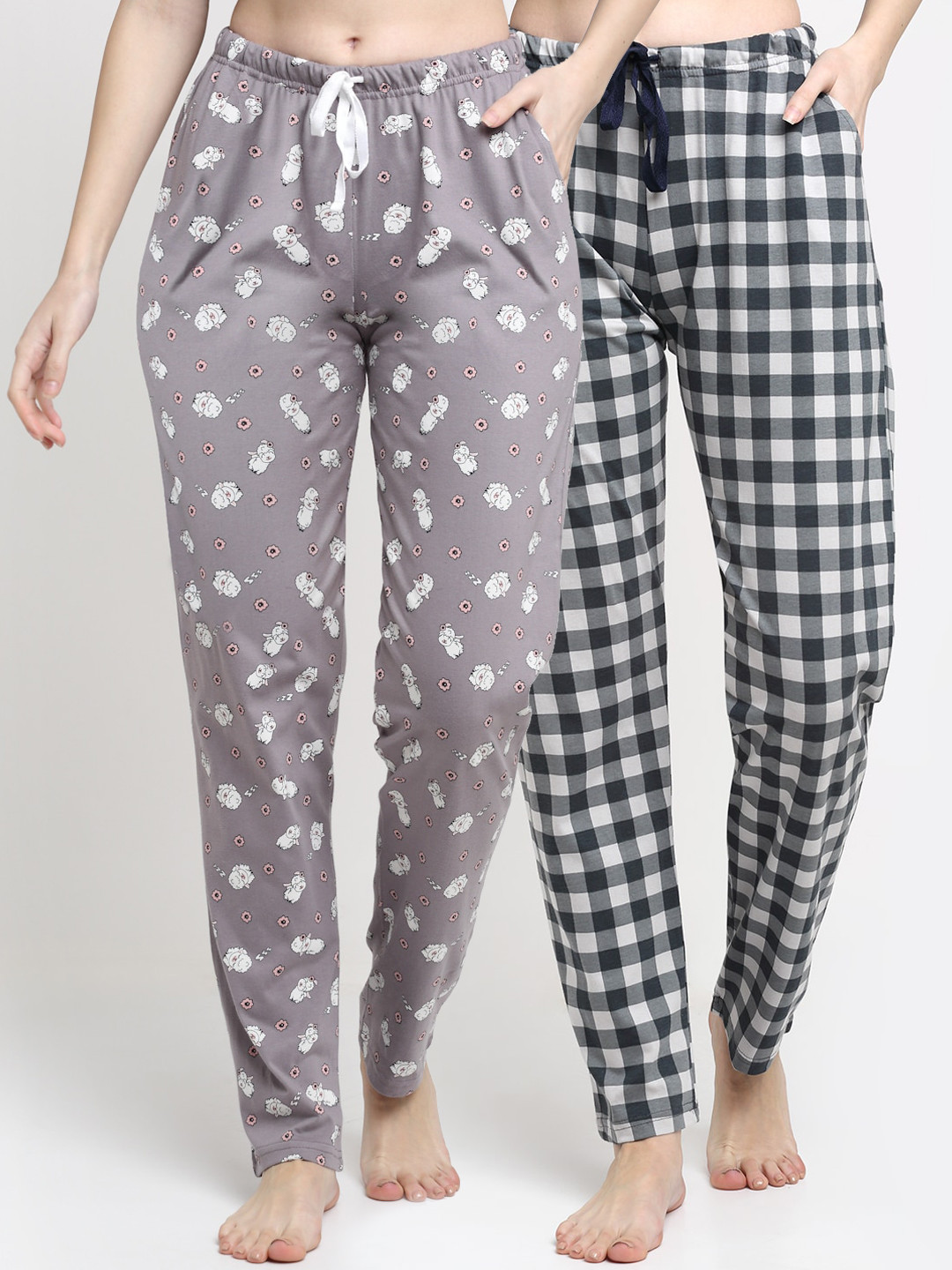

Kanvin Women Pack Of 2 Printed Pure Cotton Lounge Pants, Grey