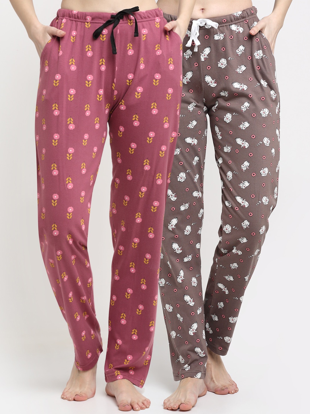 

Kanvin Women Pack Of 2 Printed Pure Cotton Lounge Pants, Brown