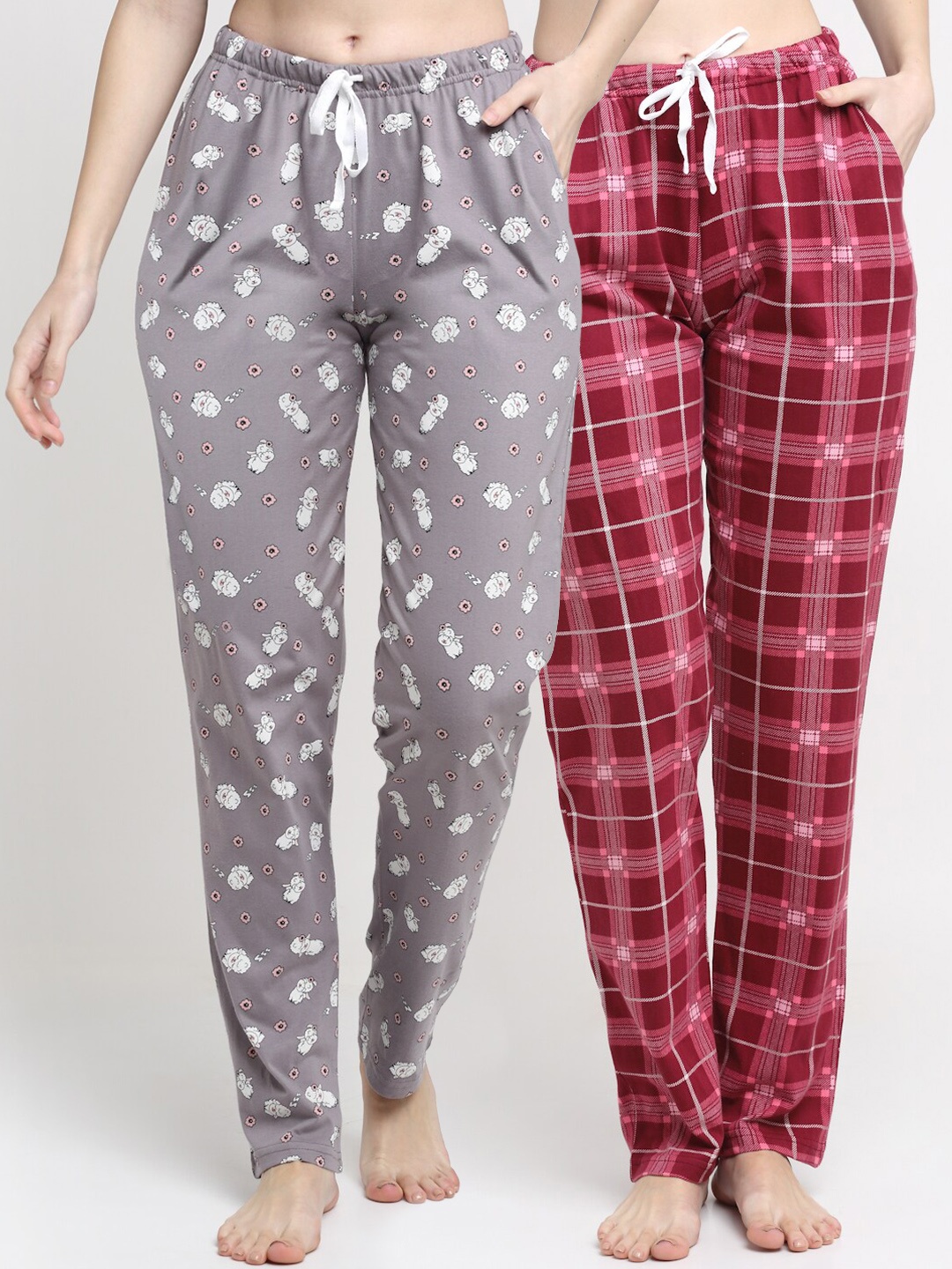 

Kanvin Women Pack of 2 Red & Grey Printed Cotton Lounge Pants