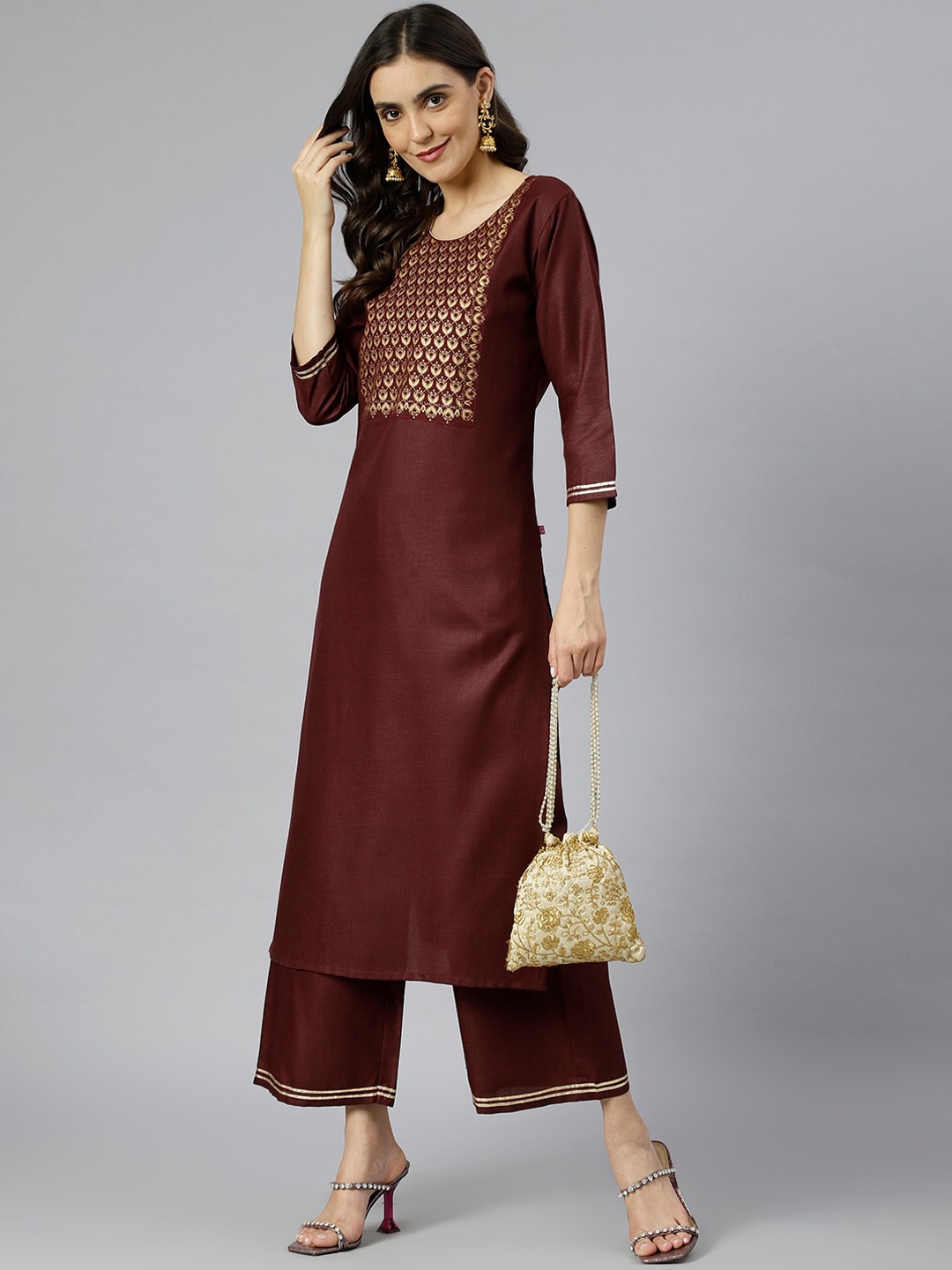 

KALINI Women Maroon Ethnic Motifs Yoke Design Kurta with Palazzos