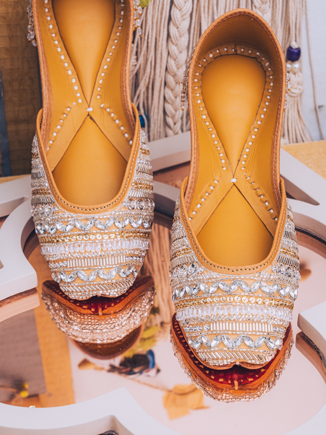 

NR By Nidhi Rathi Women Off White Embellished Mojaris Flats