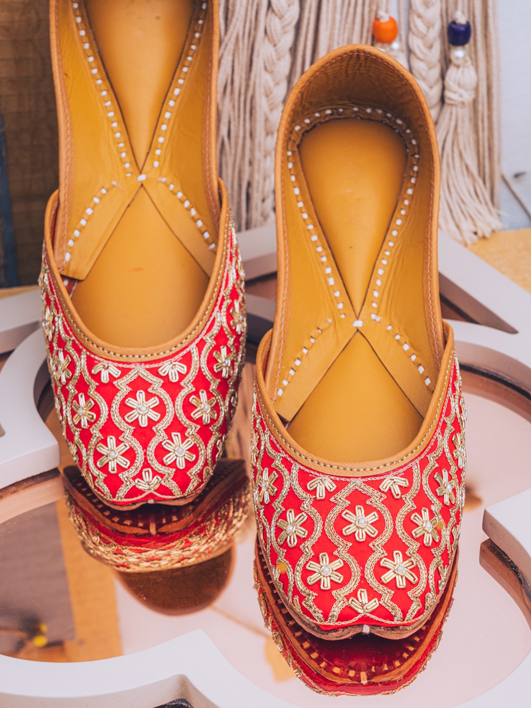 

NR By Nidhi Rathi Women Red Embellished Mojaris Flats
