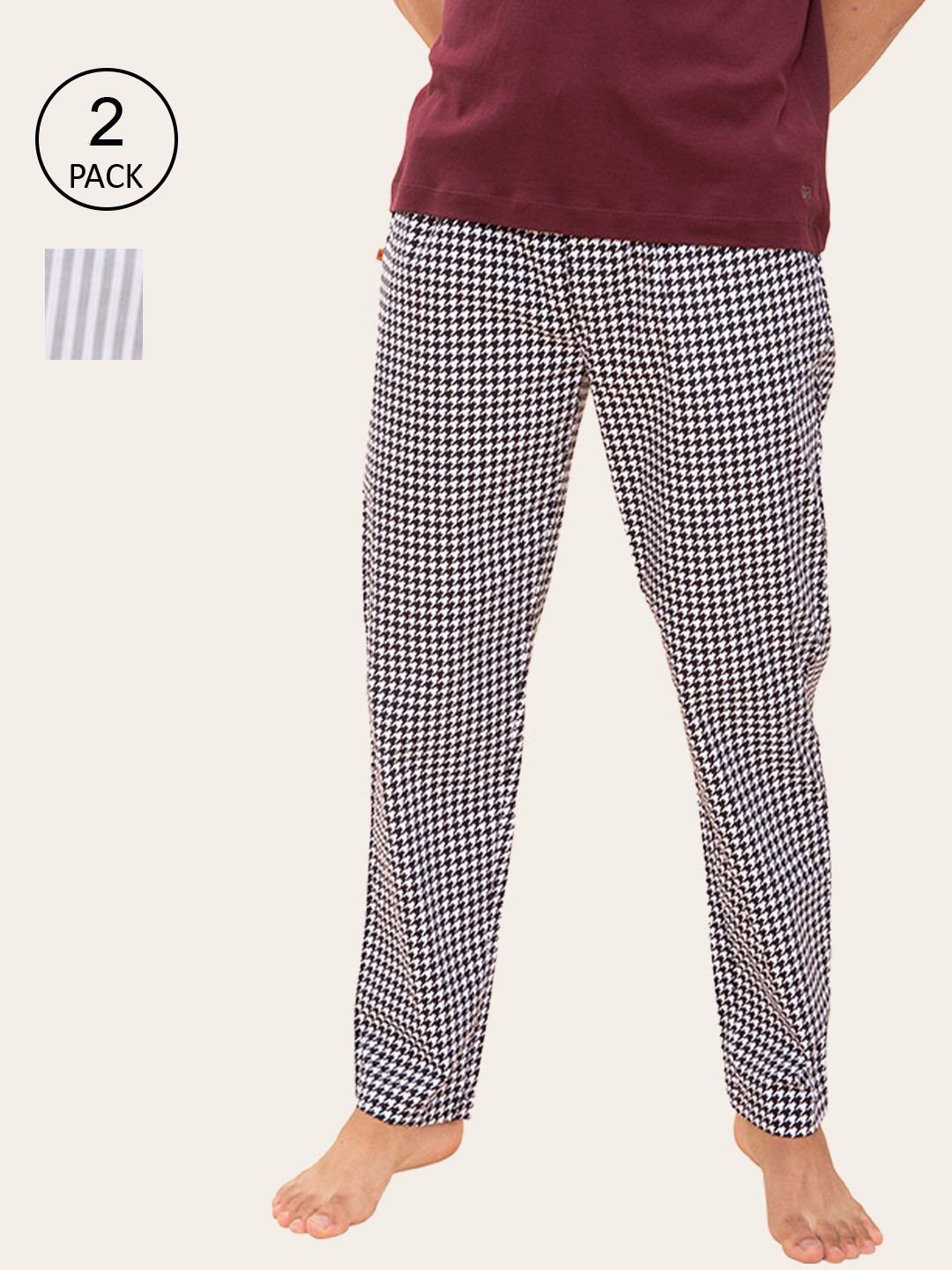 

DAMENSCH Men Pack of 2 Striped Assorted Stretchable Cotton Tapered Fit Lounge Pants, Black