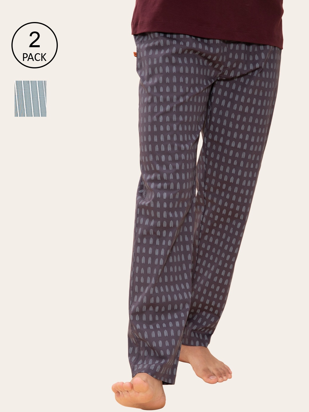 

DaMENSCH Men Pack Of 2 Assorted Printed Woven Stretch Cotton Tapered Fit Lounge Pants, Grey