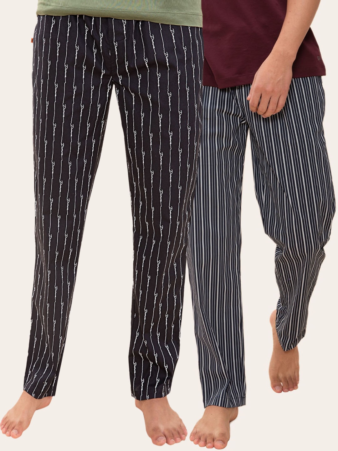 

DaMENSCH Men Pack of 2 Printed Assorted Stretch Cotton Tapered Woven Lounge Pants, Navy blue