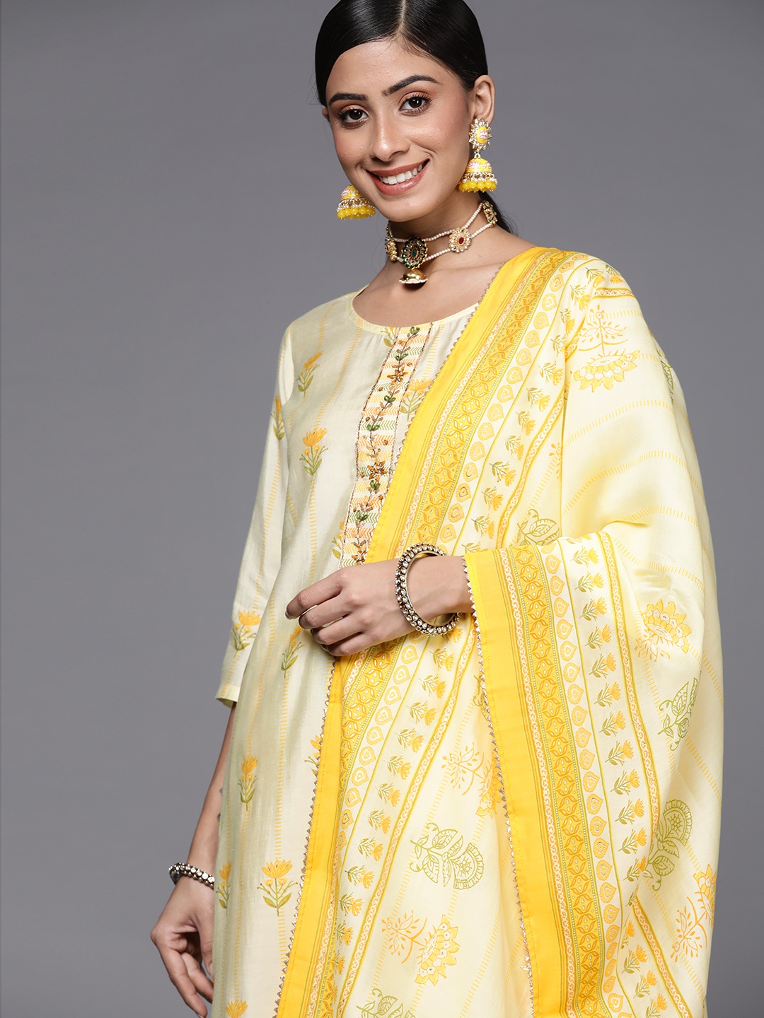 

Libas Women Yellow Floral Printed Kurta with Trousers & With Dupatta