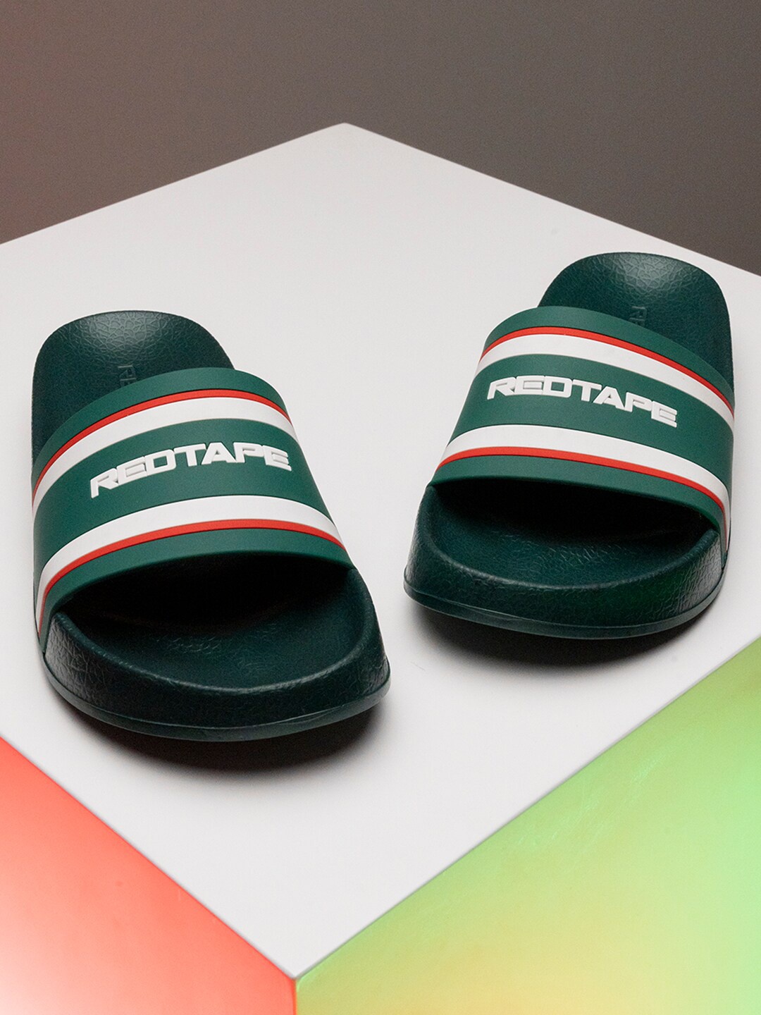 

Red Tape Men Green & White Striped Rubber Sliders