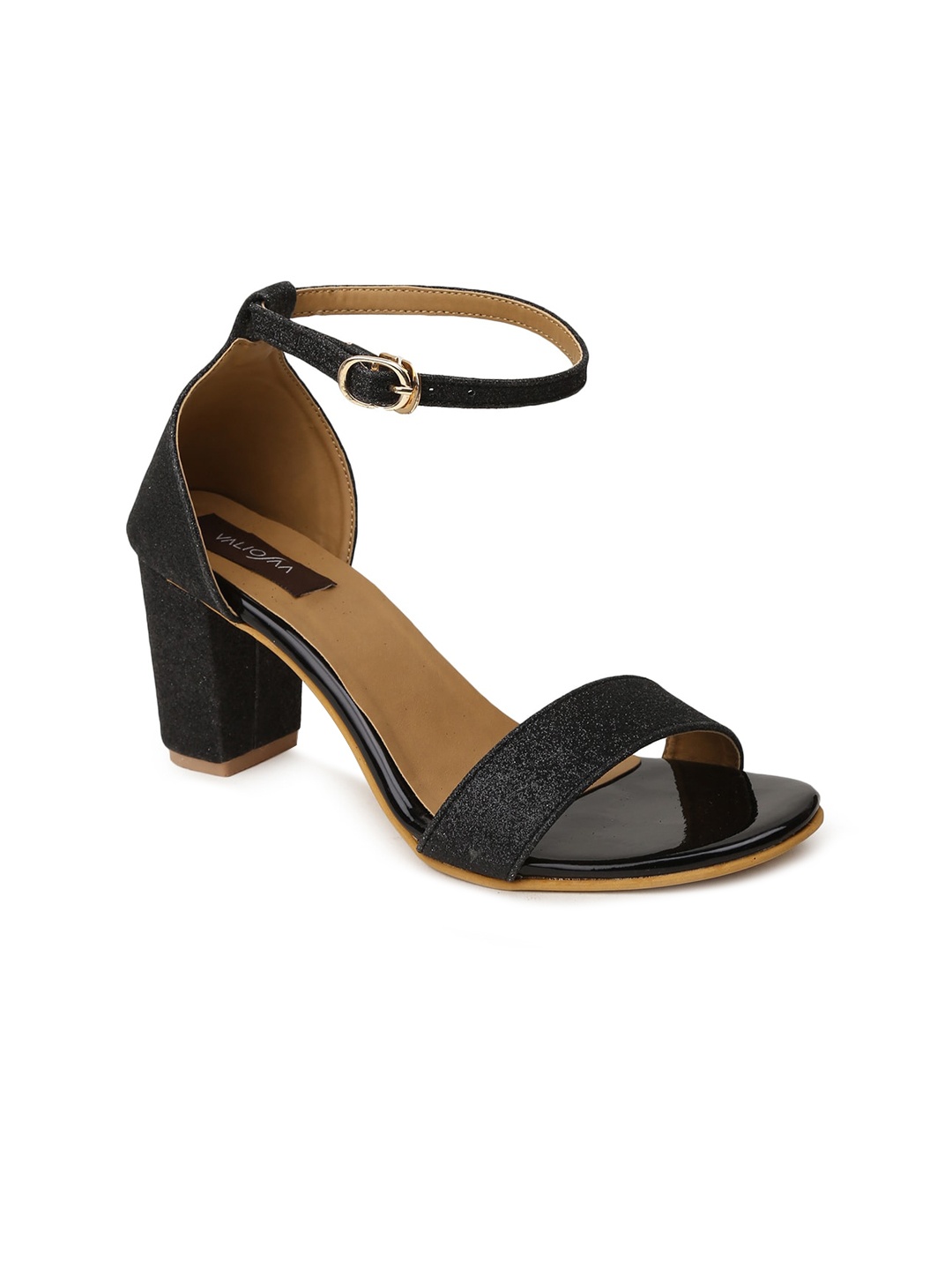 

VALIOSAA Black Textured Party Block Sandals with Buckles
