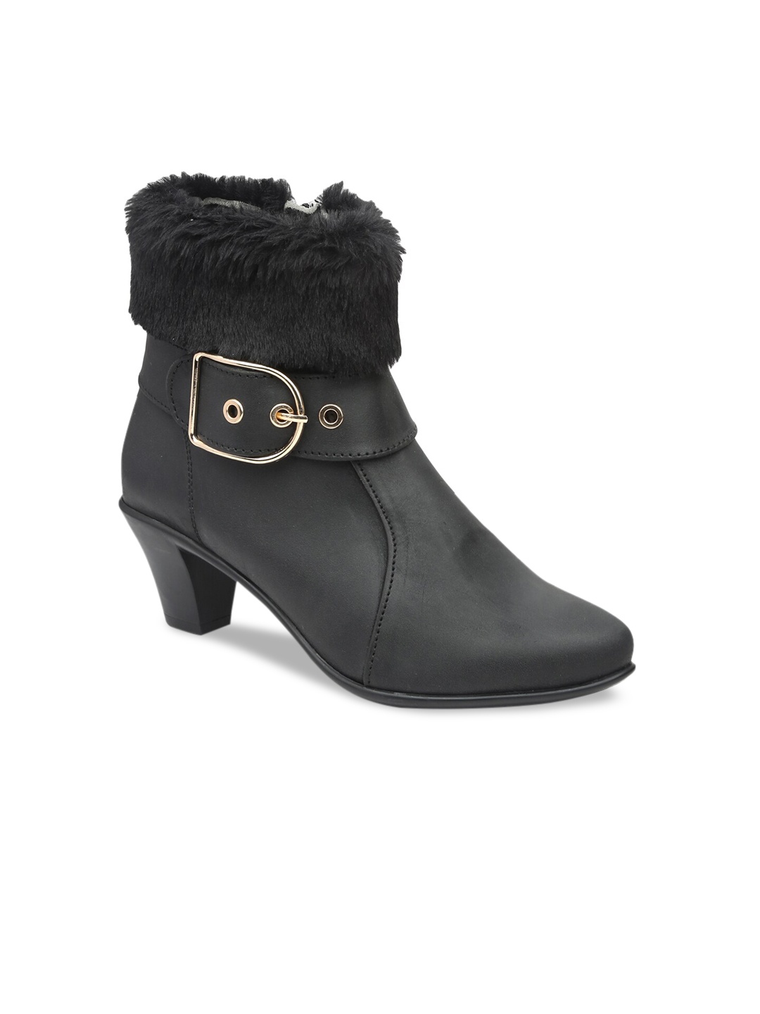 

VALIOSAA Women Black Mid-Top Heel Boots with Fur