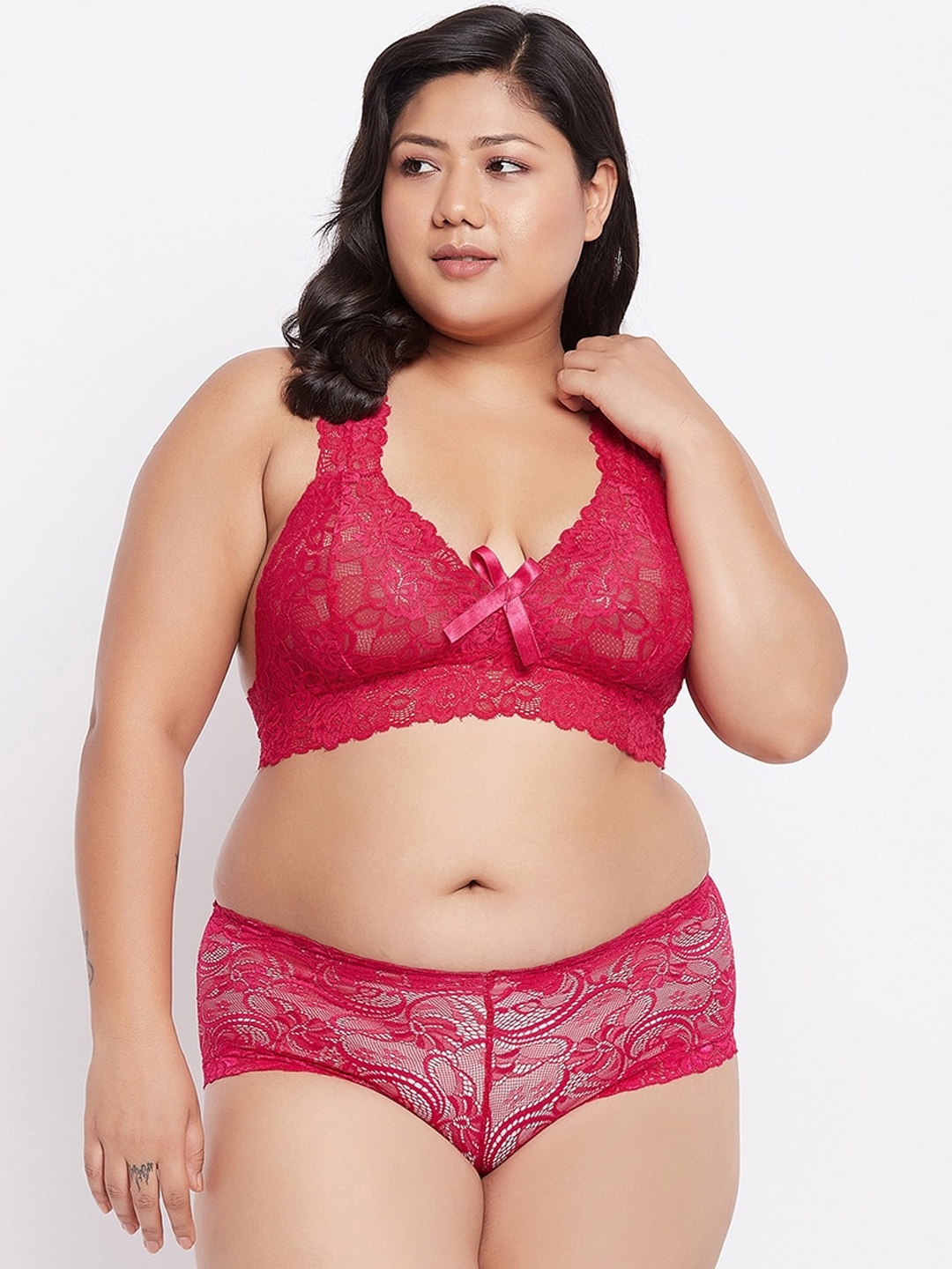 

SECRETS BY ZEROKAATA Women Halter Neck Lace Lingerie Set, Magenta