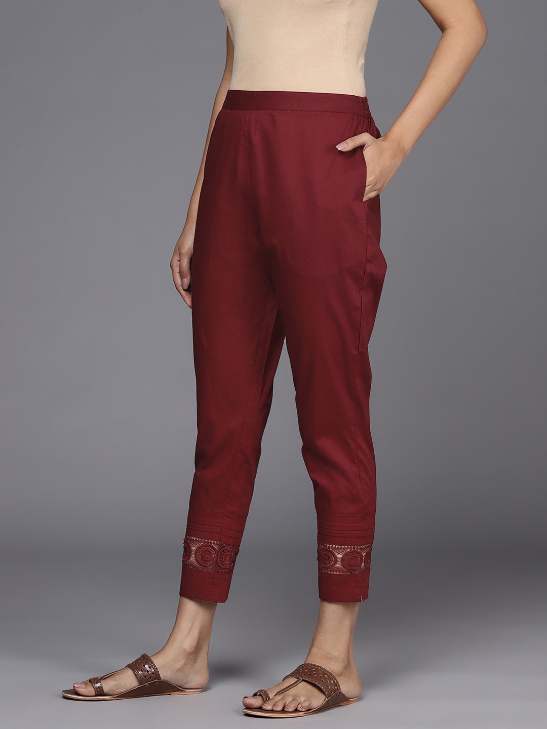 

Libas Women Maroon Straight Fit Pure Cotton Trousers with Lace Inserts