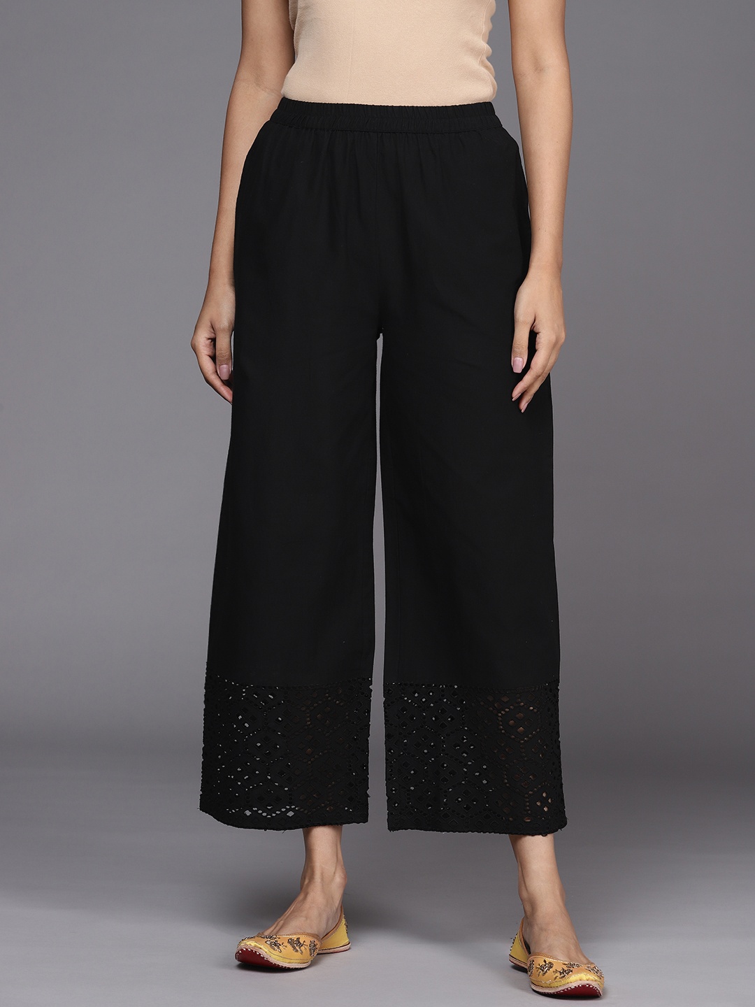 

Libas Women Black Solid Schiffli Detail Pure Cotton Ethnic Palazzos