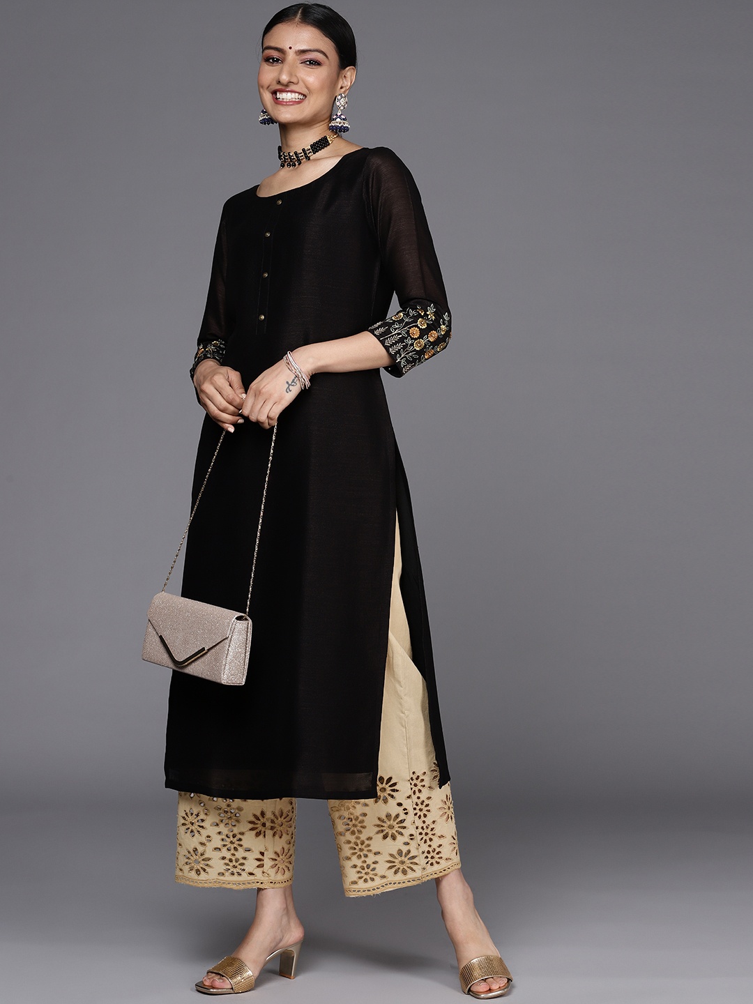 

Libas Women Beige Schiffli Detail Pure Cotton Ethnic Palazzos